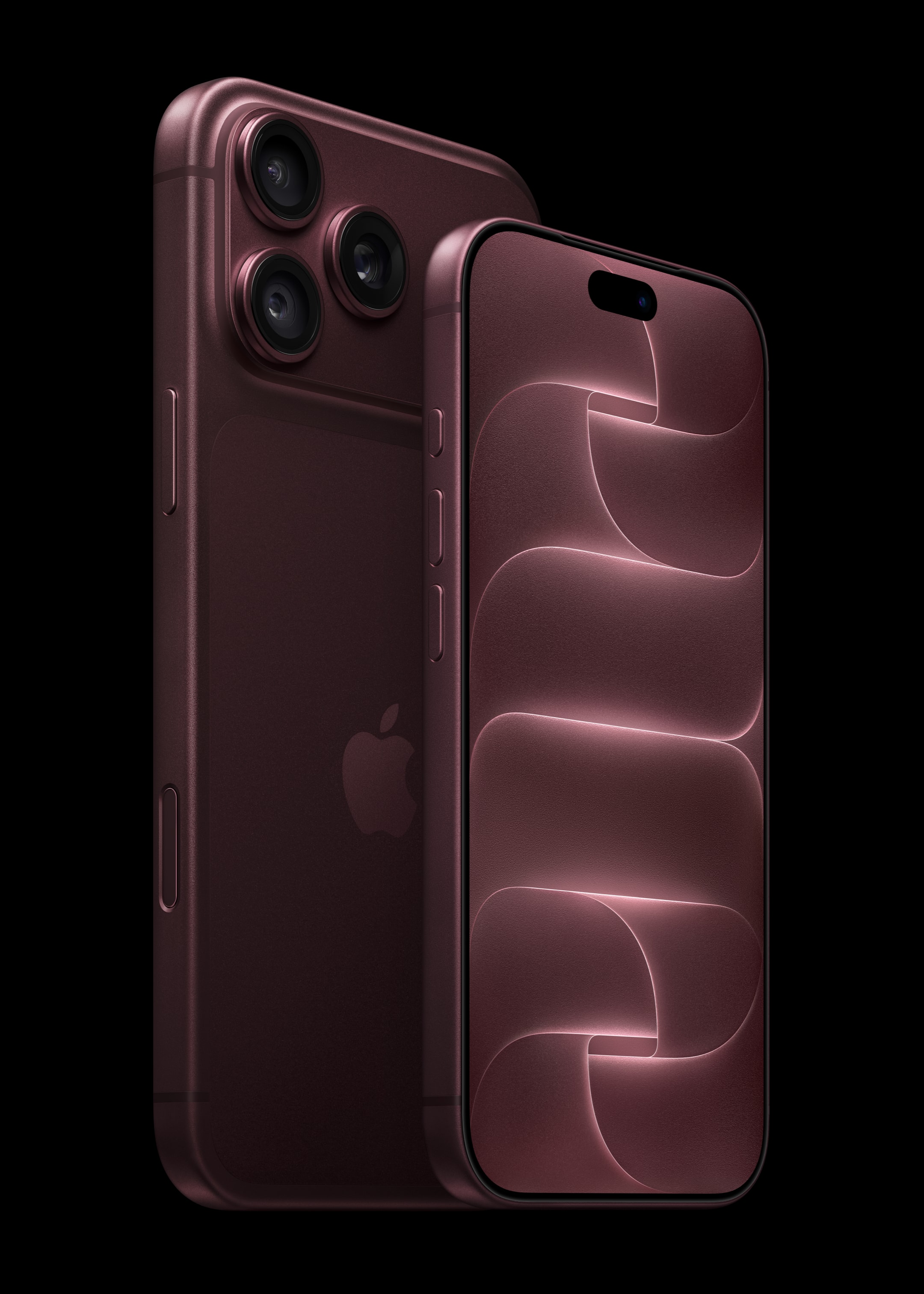 Officieel Apple-productbeeld met een bordeauxrode iPhone 18 Pro van voren en een Pro Max van achteren.