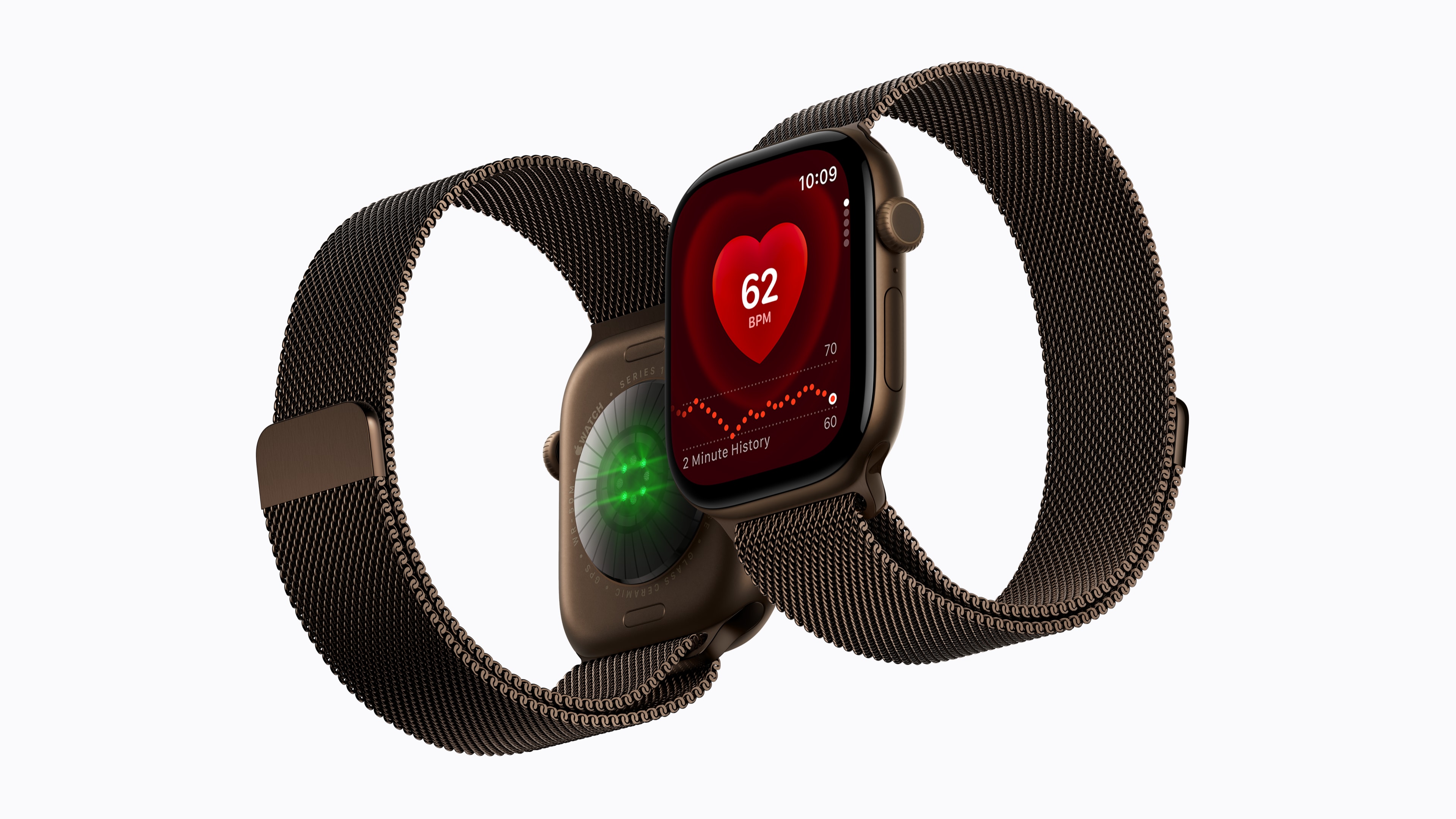 Twee Apple Watch Series 12-horloges met metalen band, met de voorzijde en de sensoren aan de achterzijde in beeld.
