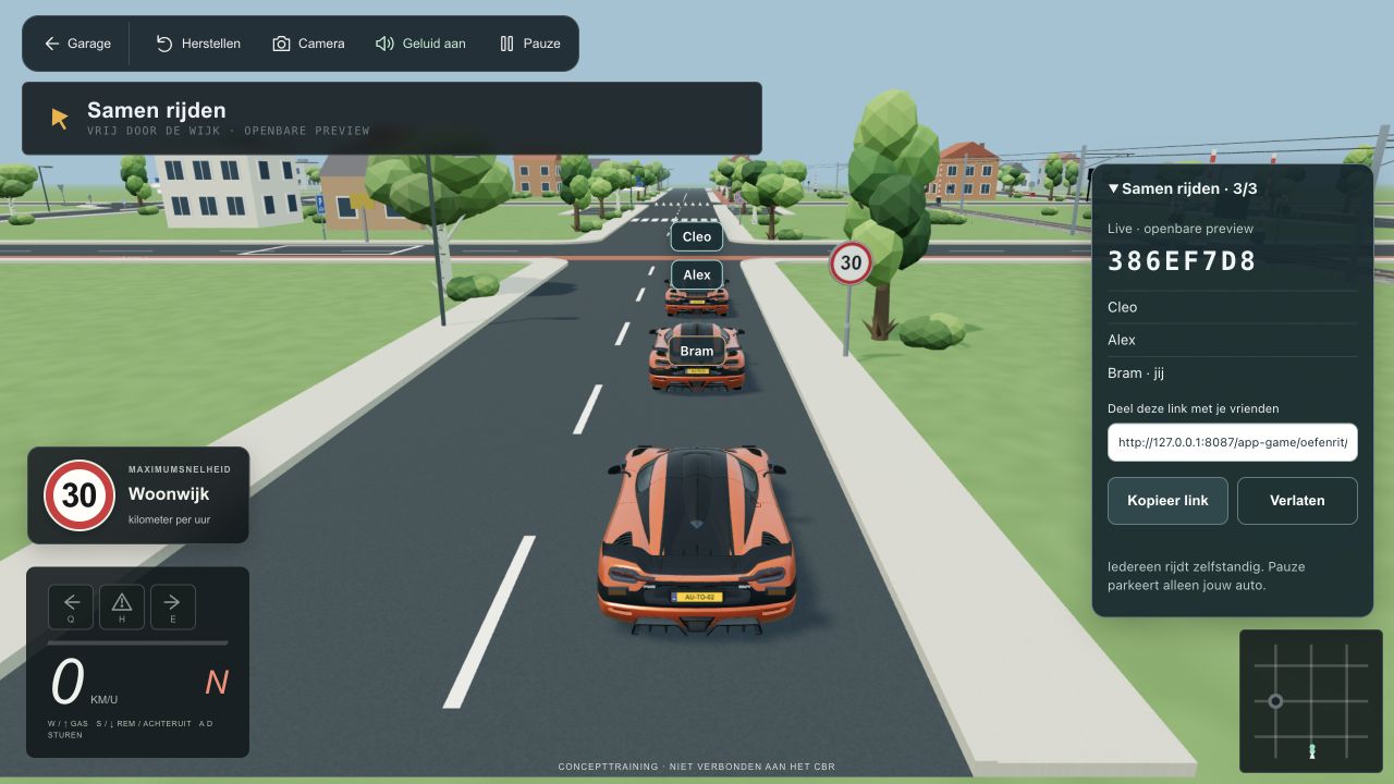 Drie testauto’s met naamlabels in de multiplayerpreview van Autorie.