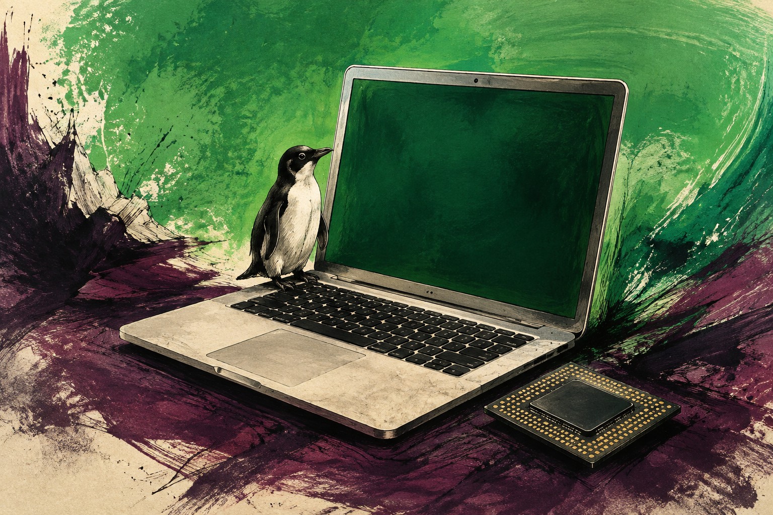 AI-illustratie van een laptop, pinguïn en losse computerchip in groene gouache en paarse inkt; een concept voor Linux op nieuwe hardware.