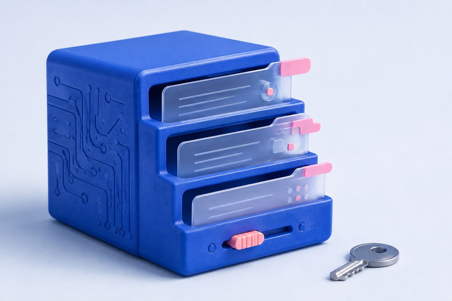 AI-illustratie van een blauwe archiefdoos met geheugenkaarten, een schuifregelaar en een losse sleutel