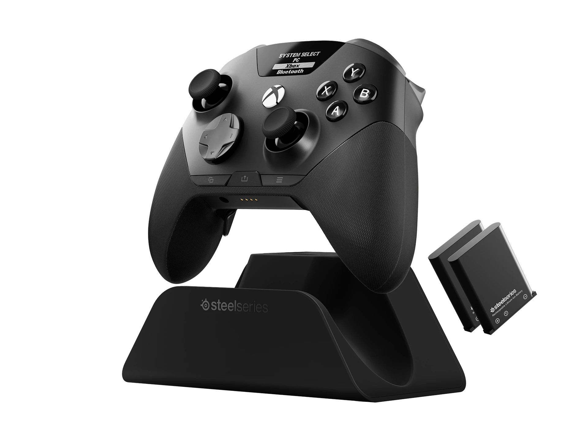 Officieel SteelSeries-productbeeld van de zwarte Aeon Pro-controller met dock en losse accu.