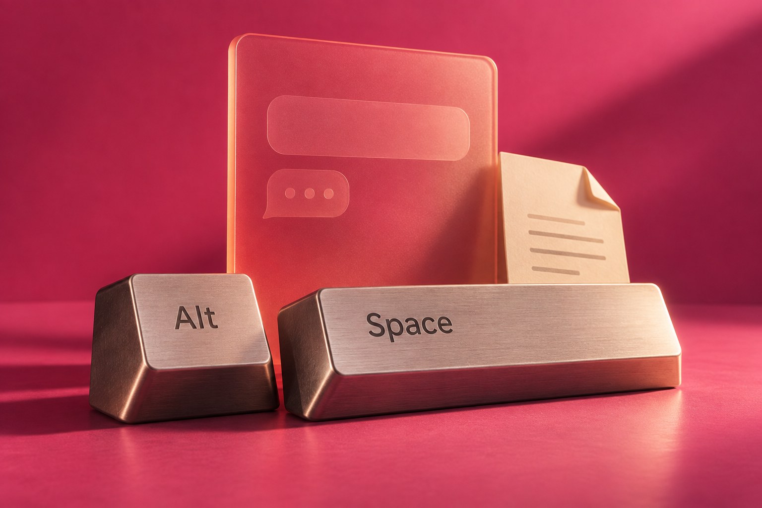 AI-illustratie van twee toetsen met Alt en Space, een denkbeeldig gespreksvenster en een document op een roze achtergrond; geen screenshot van Gemini.