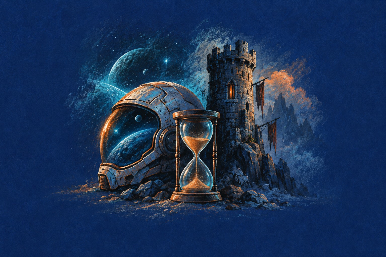 AI-illustratie van een ruimtehelm, kasteeltoren en zandloper als verbeelding van nieuwe sciencefiction- en fantasygames met verschillende releasedata.