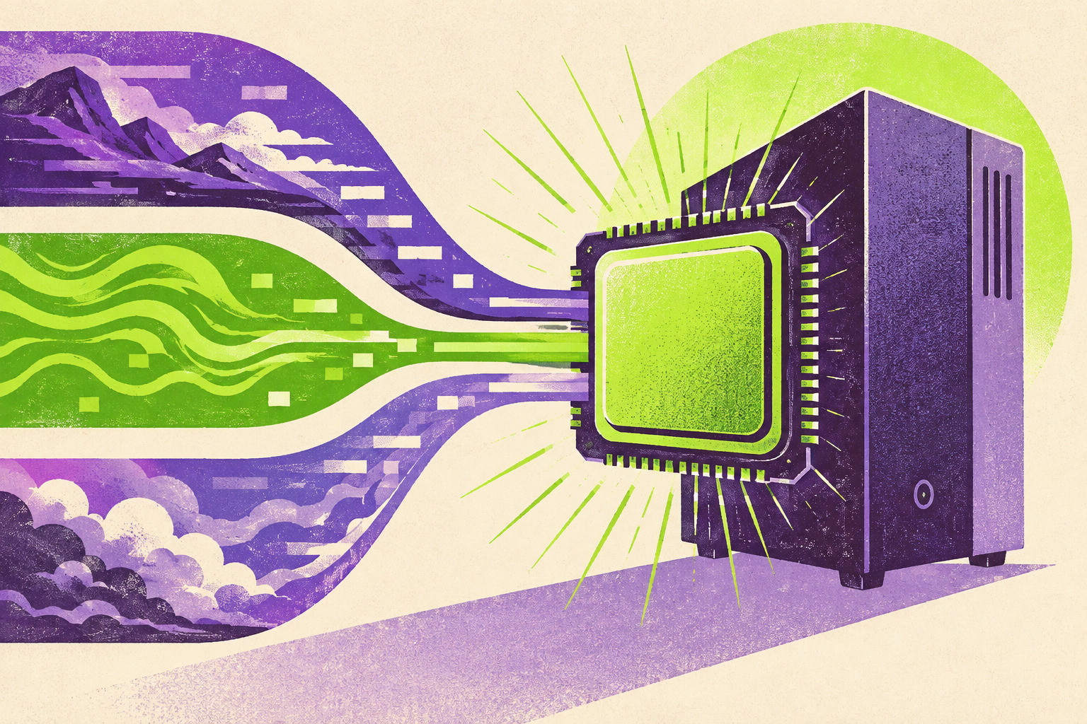 AI-illustratie in paars en limoengroen van een computer, een processor en samenkomende banen die parallel rekenwerk verbeelden.