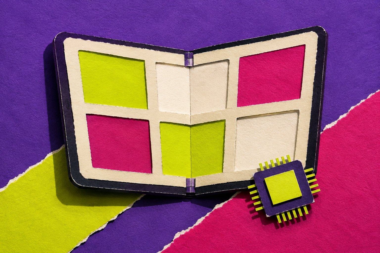 AI-illustratie van een abstract papieren vouwscherm met zes vensters en een chip in paars, magenta en lime; geen afbeelding van het werkelijke Xiaomi-toestel.