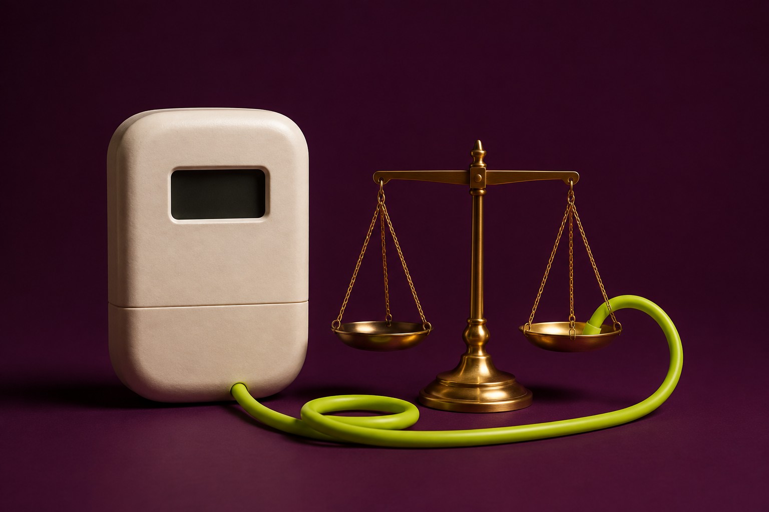 AI-illustratie van een gestileerde stroommeter, een groene kabel en een weegschaal als symbool voor de juridische afweging rond digitale meters.