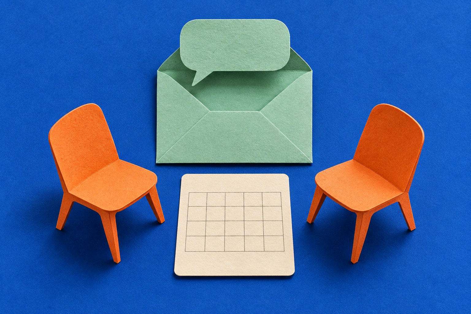 AI-illustratie van een uitnodiging, kalenderkaart en twee papieren stoelen voor een afspraak.