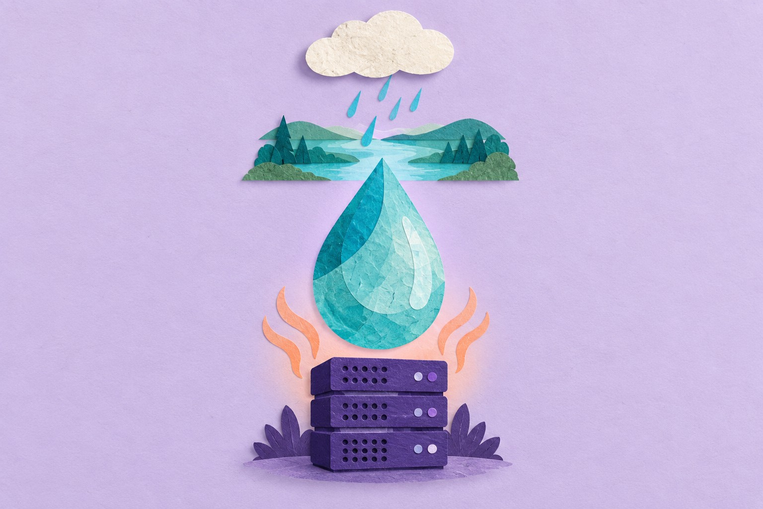 AI-illustratie van papieren computers, een waterdruppel en een regenwolk boven een landschap.
