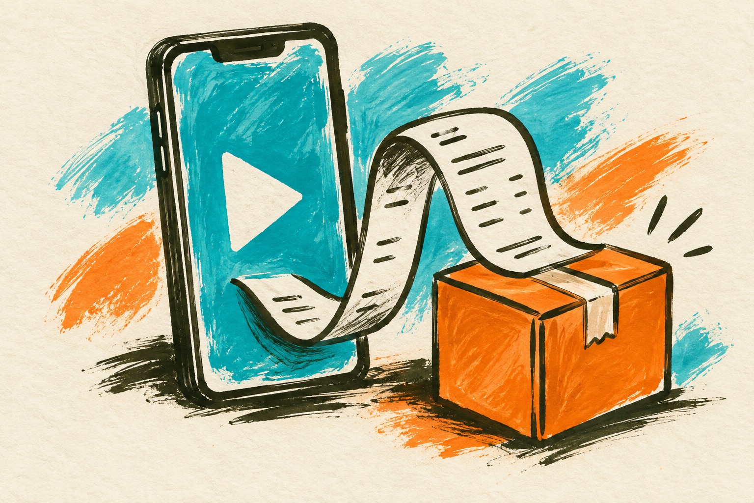 AI-illustratie van een telefoon, pakketje en kassabon als concept voor winkelen via productverwijzingen in video’s.