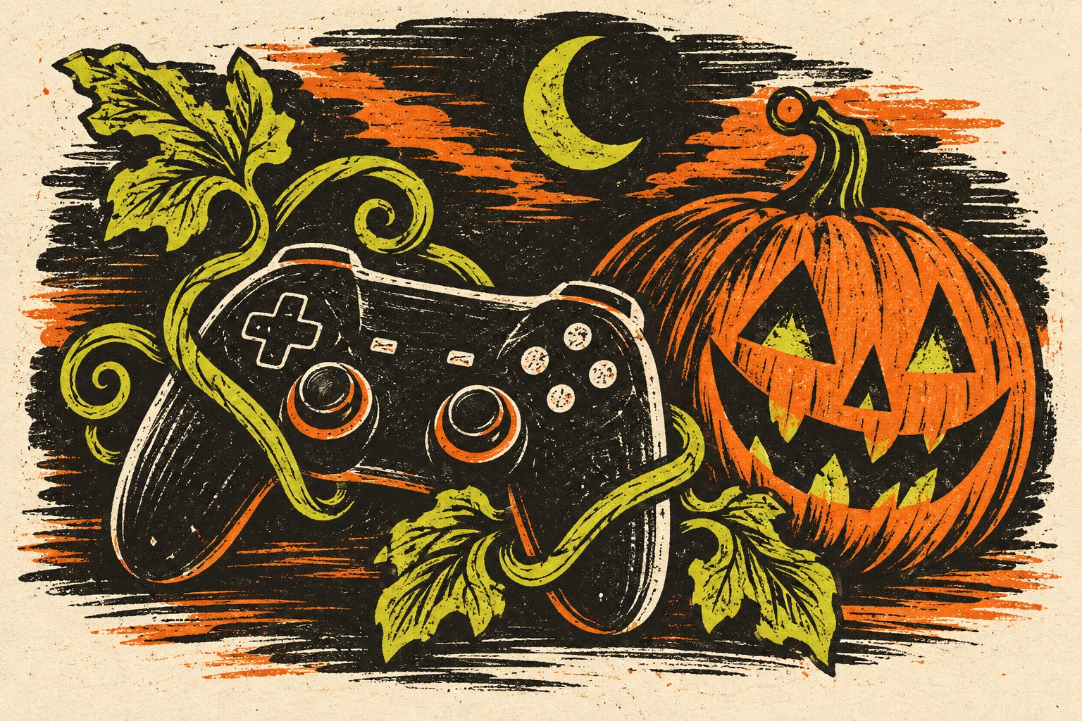 AI-illustratie als houtsnede van een gamecontroller, pompoenranken en een jack-o-lantern onder een maansikkel.