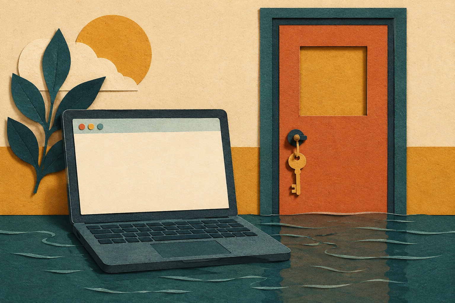 AI-illustratie van een laptop, een gesloten klaslokaaldeur en een kleine waterplas, als symbool voor tijdelijk online onderwijs.