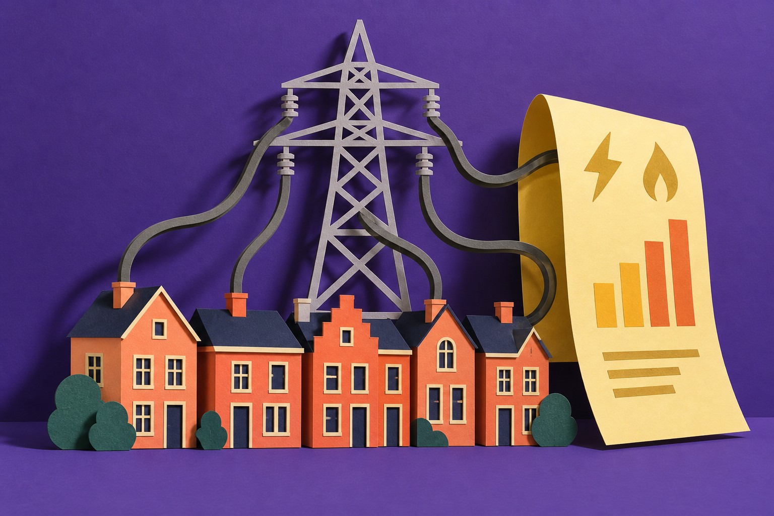 AI-illustratie van papieren huizen, een stroommast, een kabel en een energierekening op een paarse achtergrond.