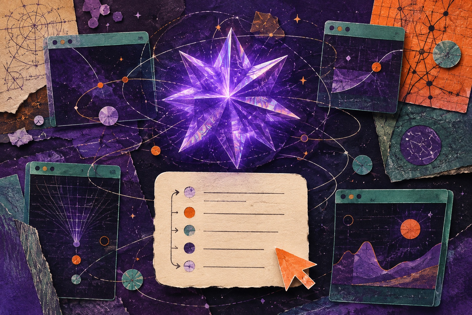 AI-illustratie van een paarse kristalster, taakkaart en oranje cursor tussen abstracte browservensters.
