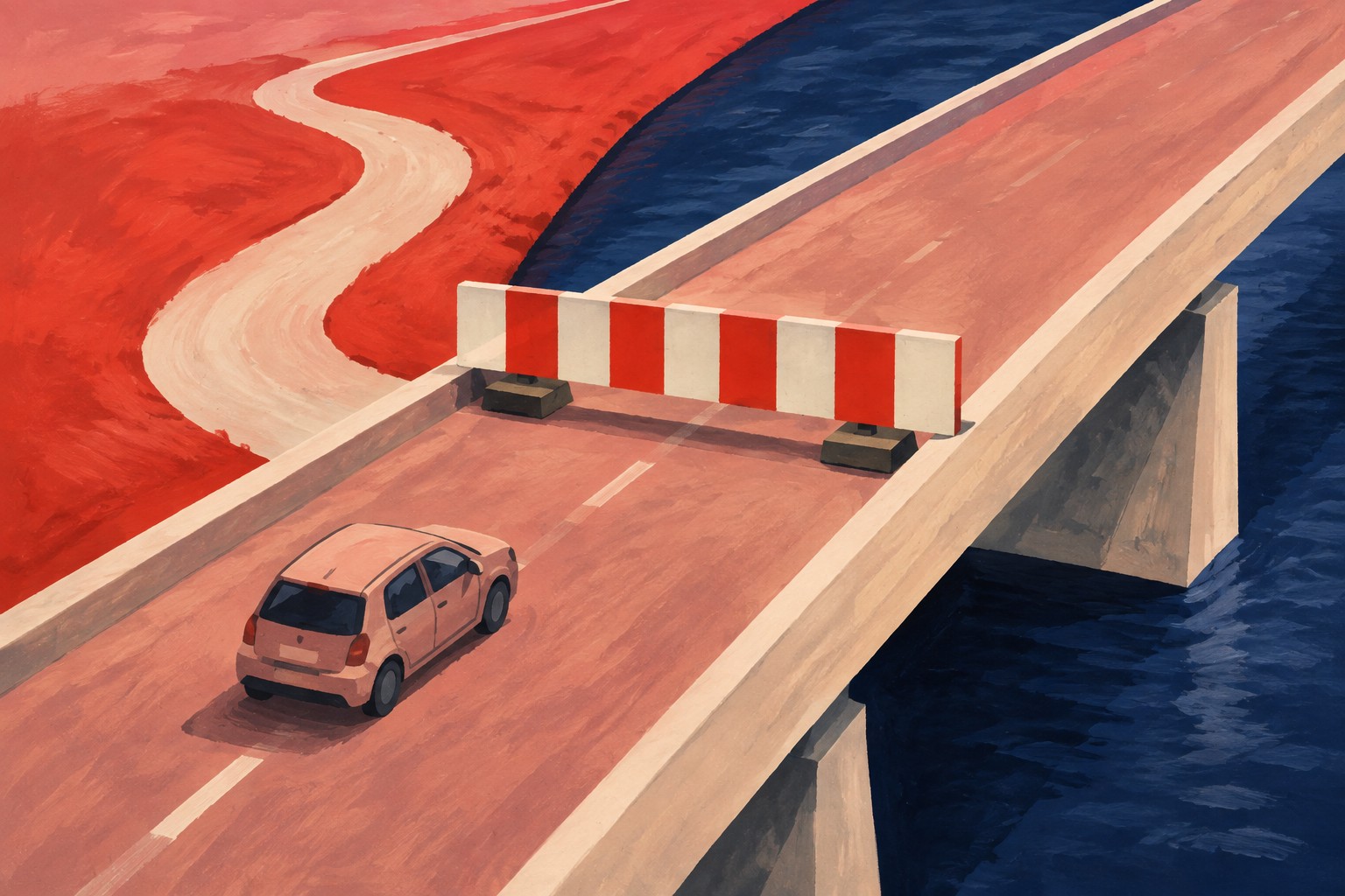 AI-illustratie van een intacte brug met een rood-witte afzetting en een wachtende auto; geen weergave van de echte Hardenbergerbrug.