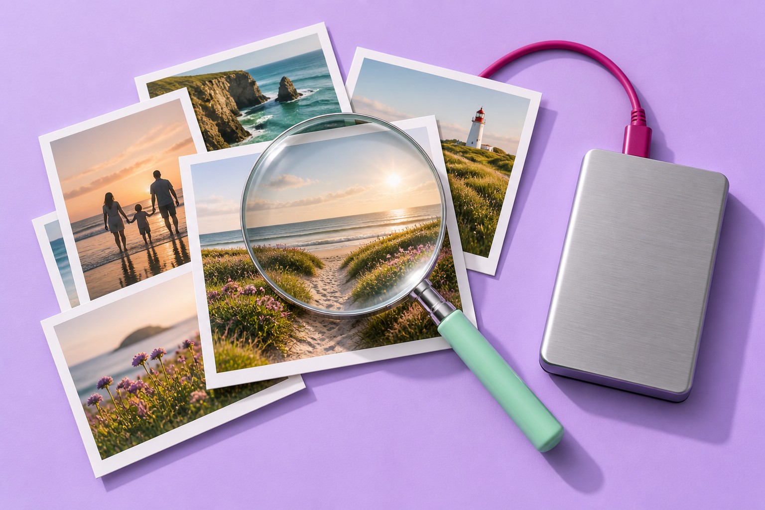 AI-illustratie van fotoprints, een vergrootglas en een externe opslagschijf op een lila tafel.