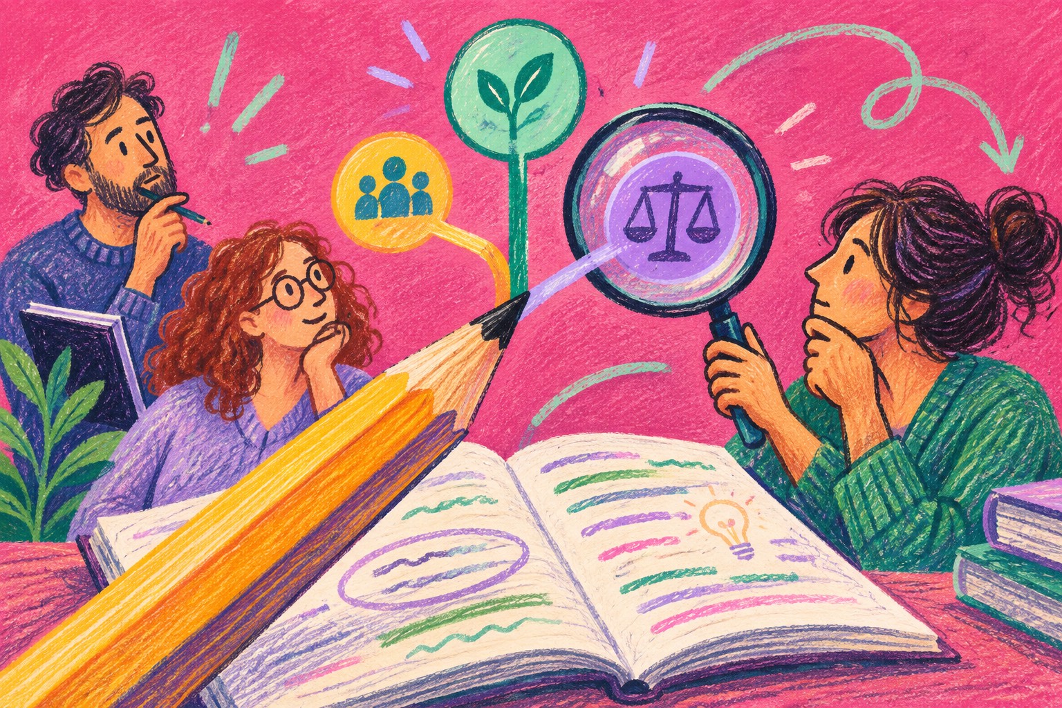 AI-illustratie in kleurpotlood en pastel: drie leraren rond een lesboek, een groot potlood met vertakkingen en een vergrootglas.