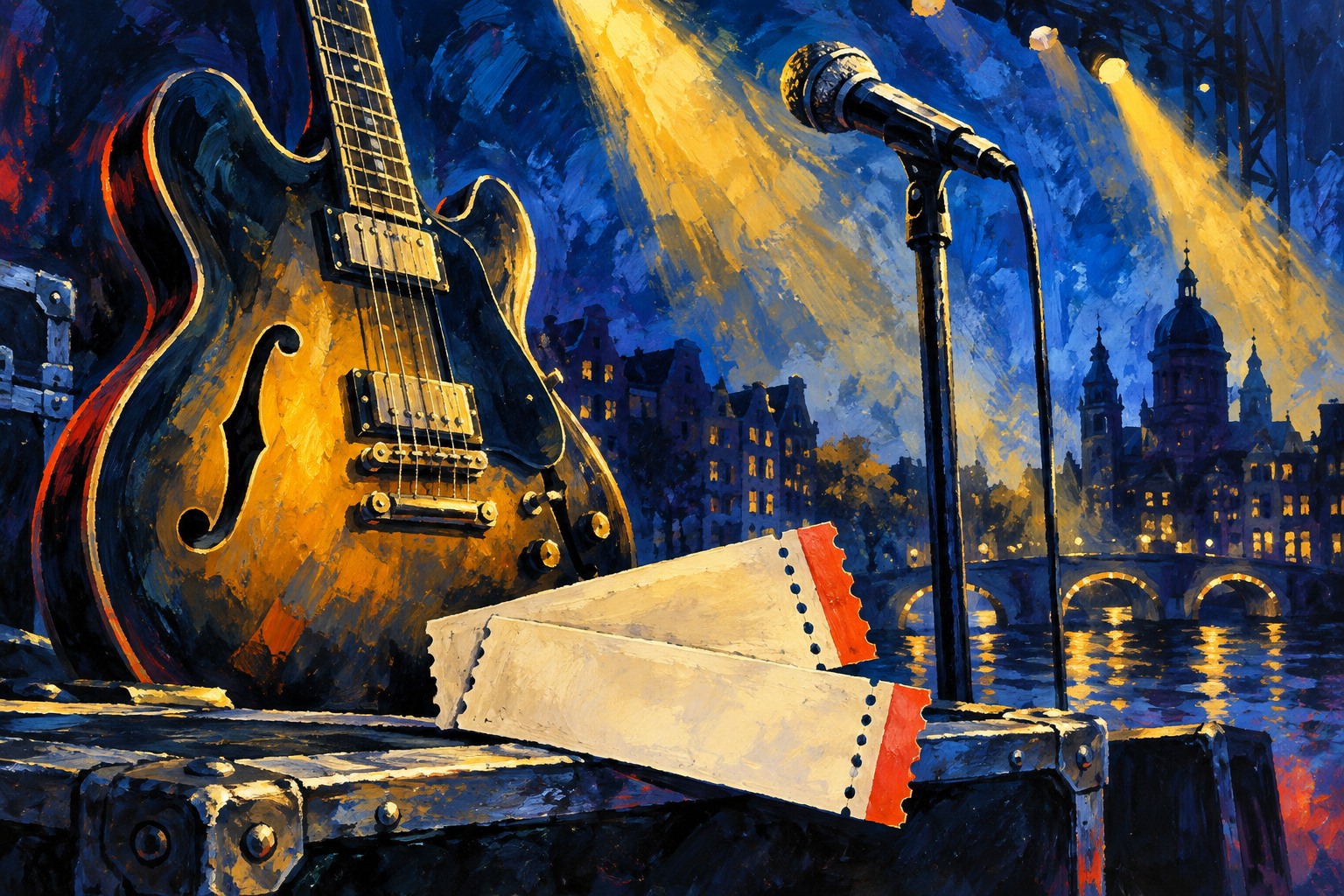 AI-illustratie van een gitaar, microfoon en concertkaartjes in blauw en goud, met Amsterdamse gevels op de achtergrond.
