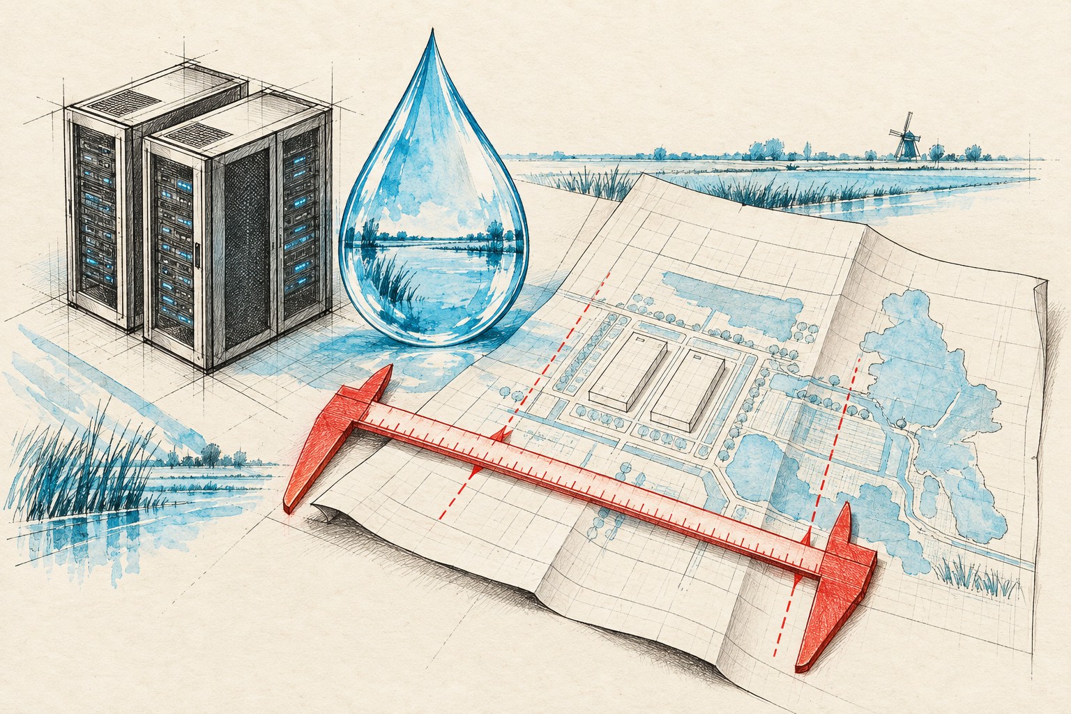 AI-illustratie van serverkasten, een waterdruppel en een meetinstrument boven een denkbeeldig bouwplan.