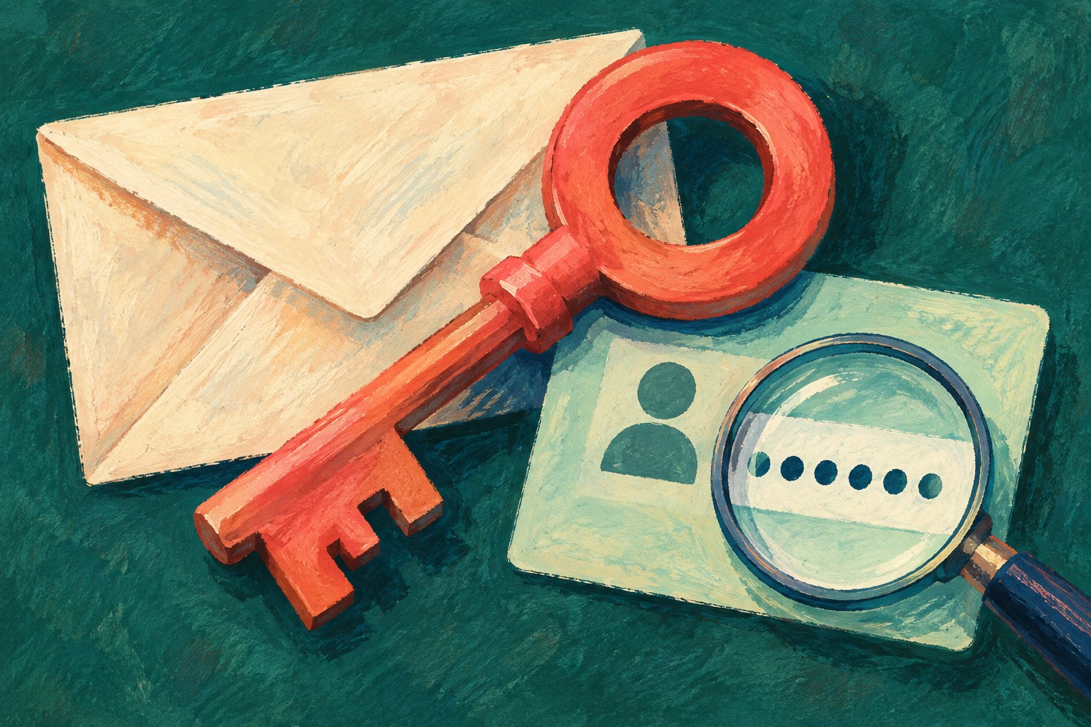 AI-illustratie in gouache van een envelop, koraalrode sleutel en vergrootglas boven wachtwoordstippen op een abstracte accountkaart.