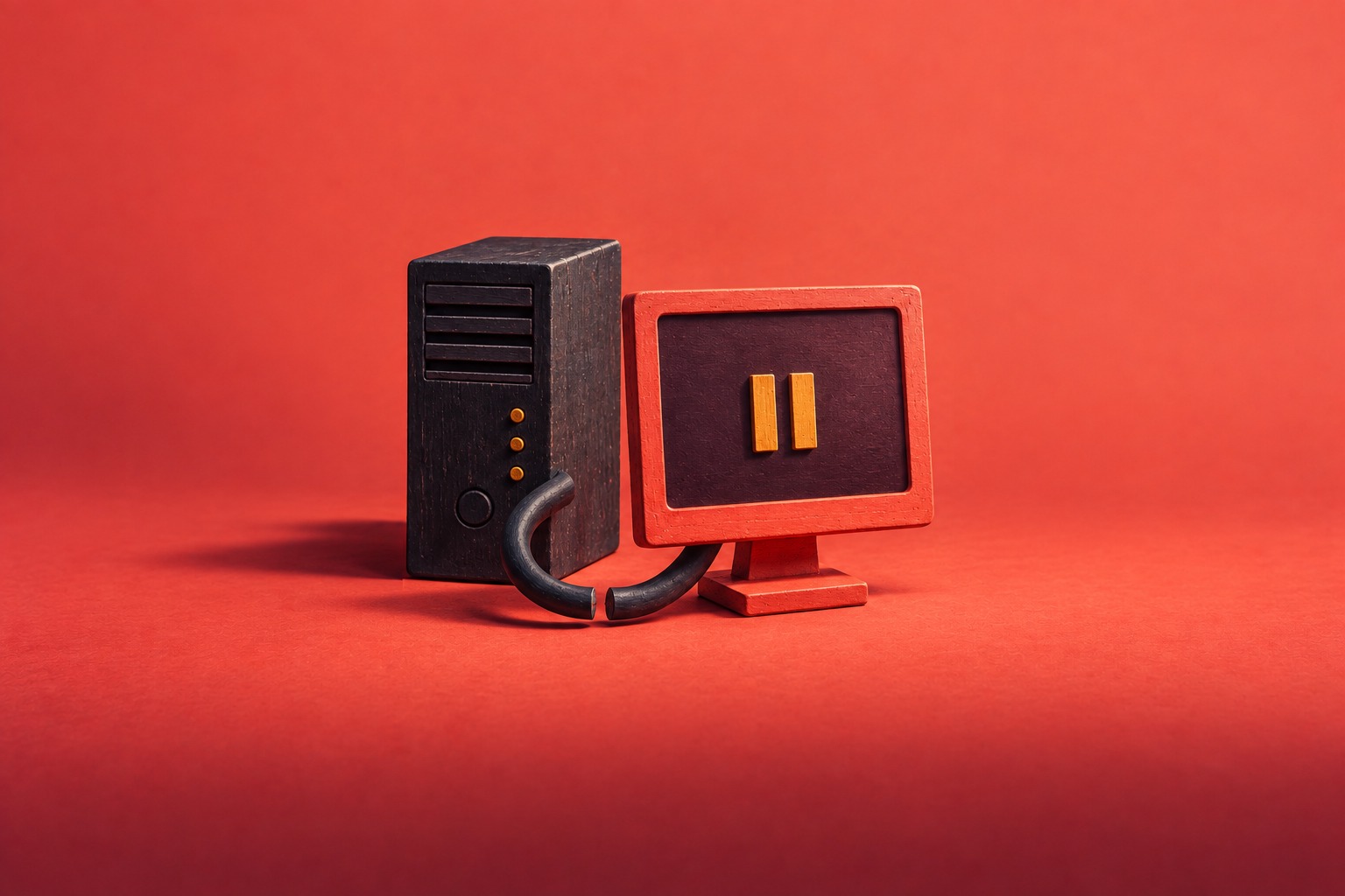 AI-illustratie van een server en beeldscherm met een onderbroken verbinding, als concept voor vastlopende externe werkomgevingen.