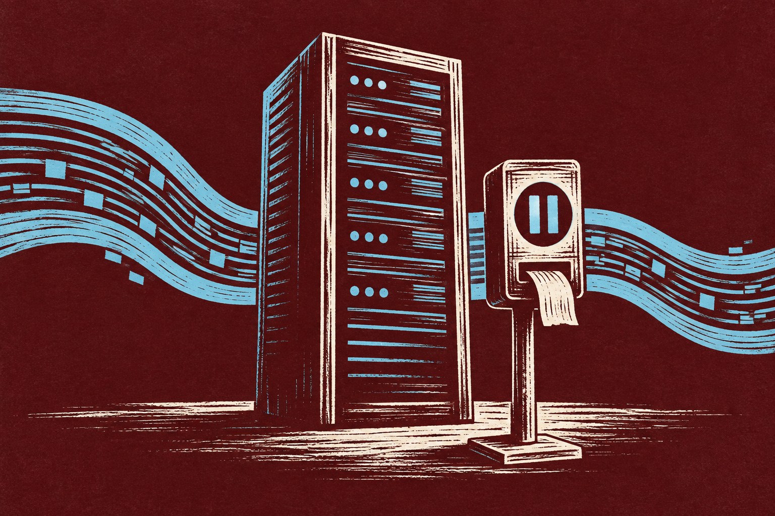 AI-illustratie van een serverkast en een ticketautomaat met pauzeteken, terwijl een datastroom doorgaat.