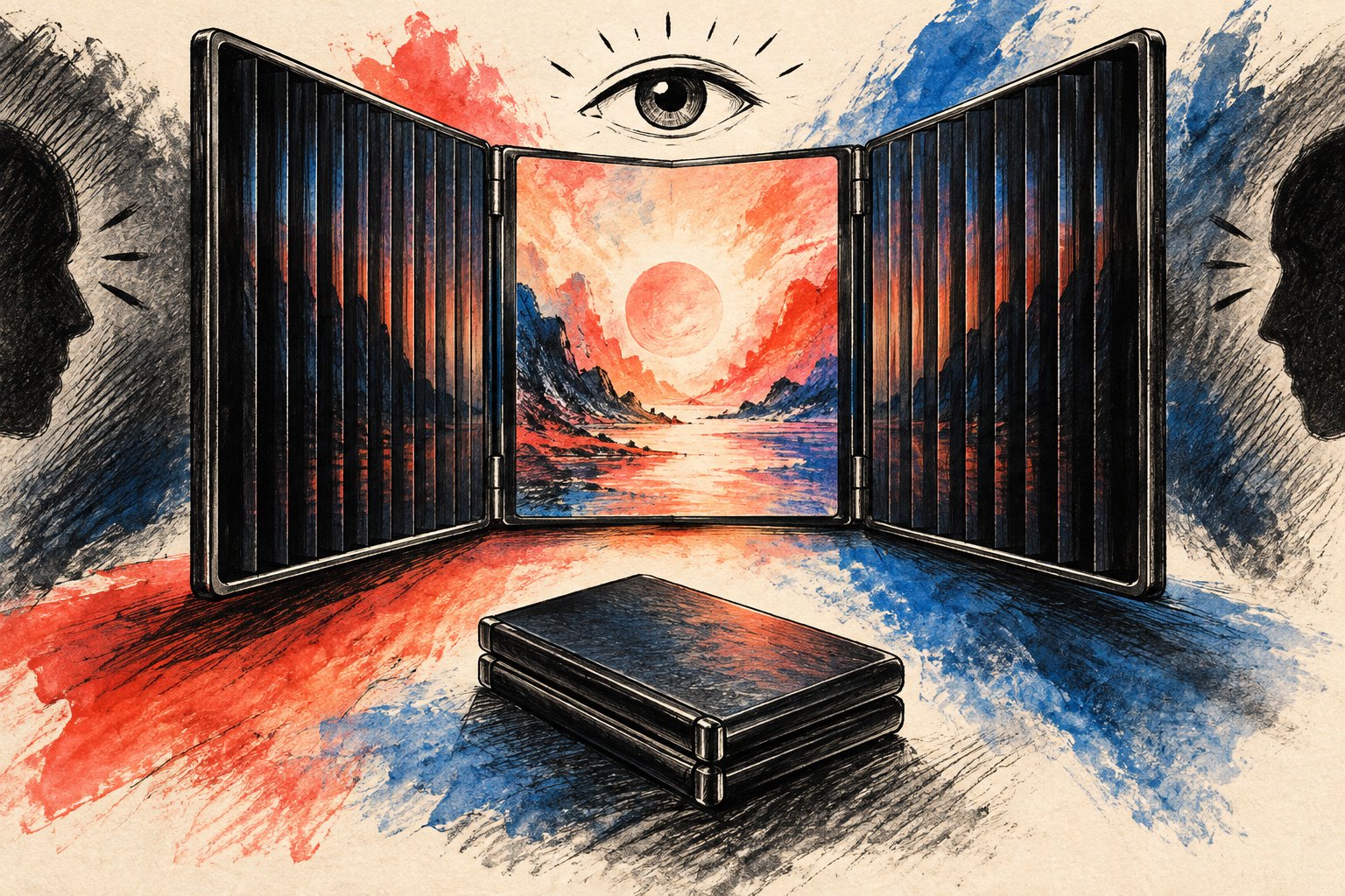 AI-illustratie in inkt en rood-blauwe verf: een abstract scherm met drie vouwpanelen en lamellen verbeeldt bescherming tegen meekijken; geen weergave van de echte Huawei-telefoon.