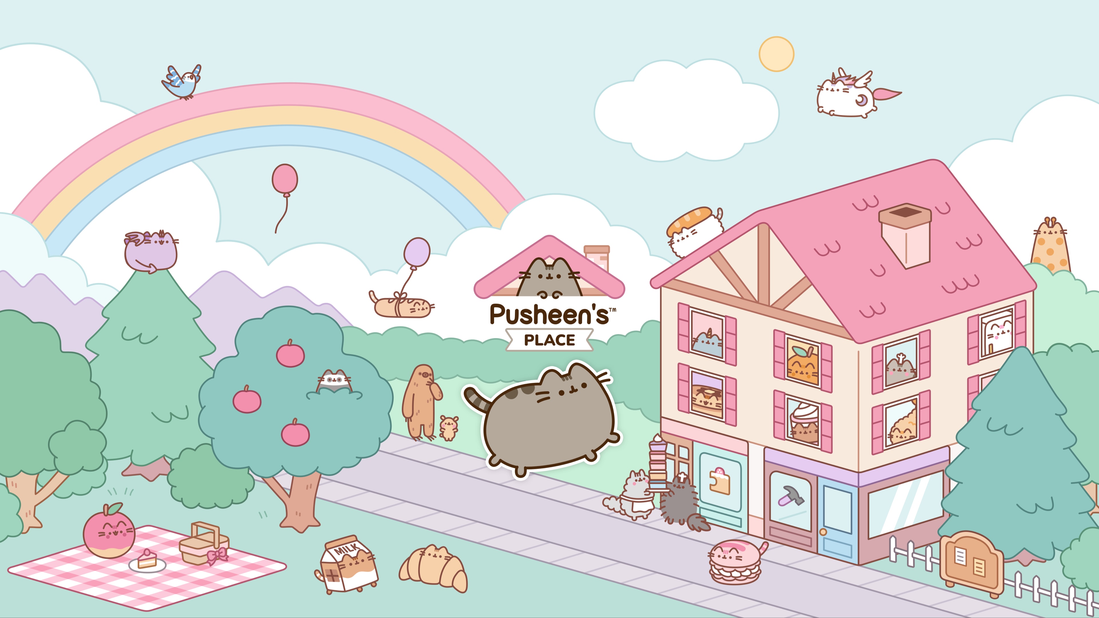 Officieel persbeeld van Pusheen’s Place: katten bij een roze huis, bomen en een regenboog.