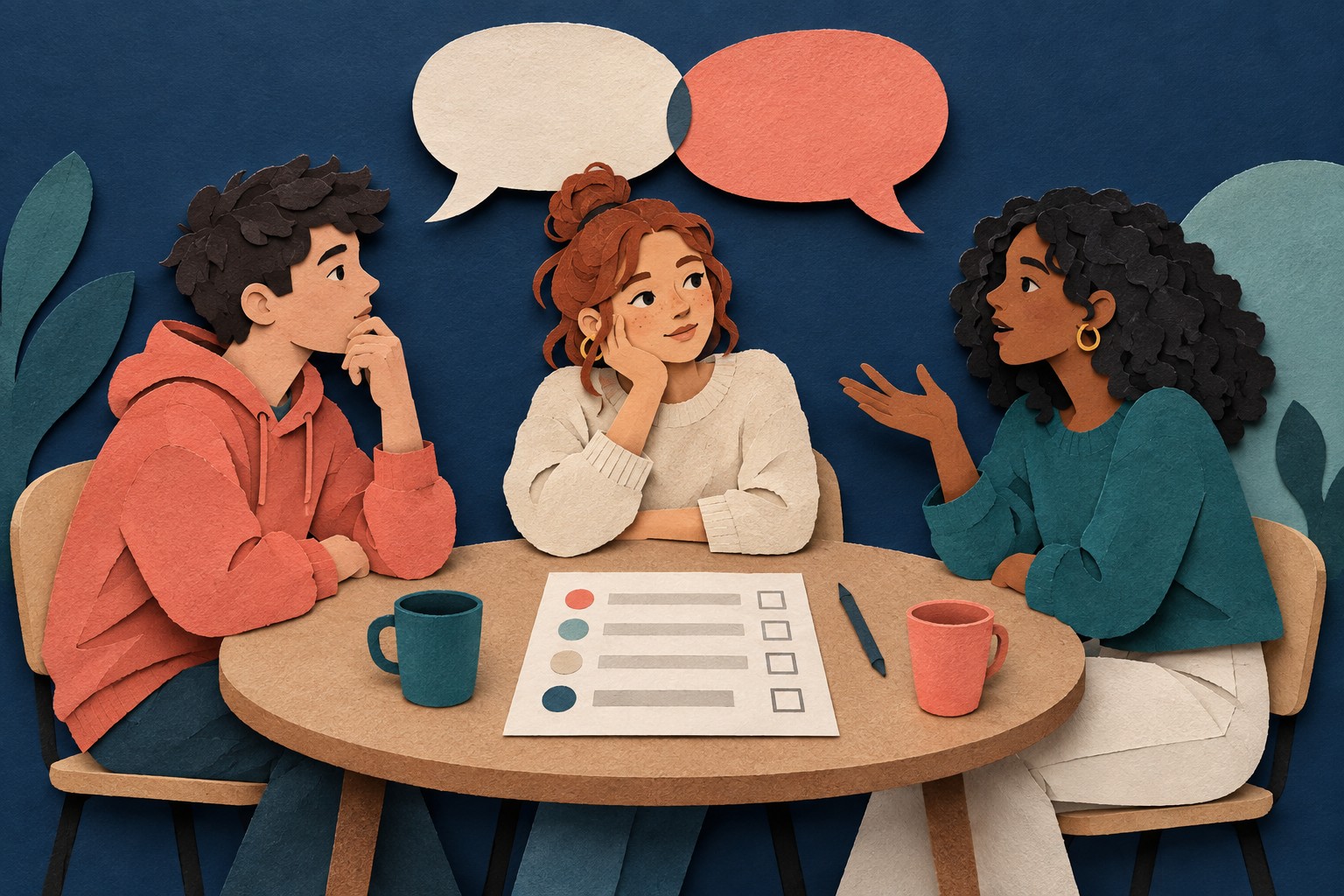 AI-illustratie in papiercollage van drie jongeren aan een tafel, met gespreksballonnen en een vragenlijst.