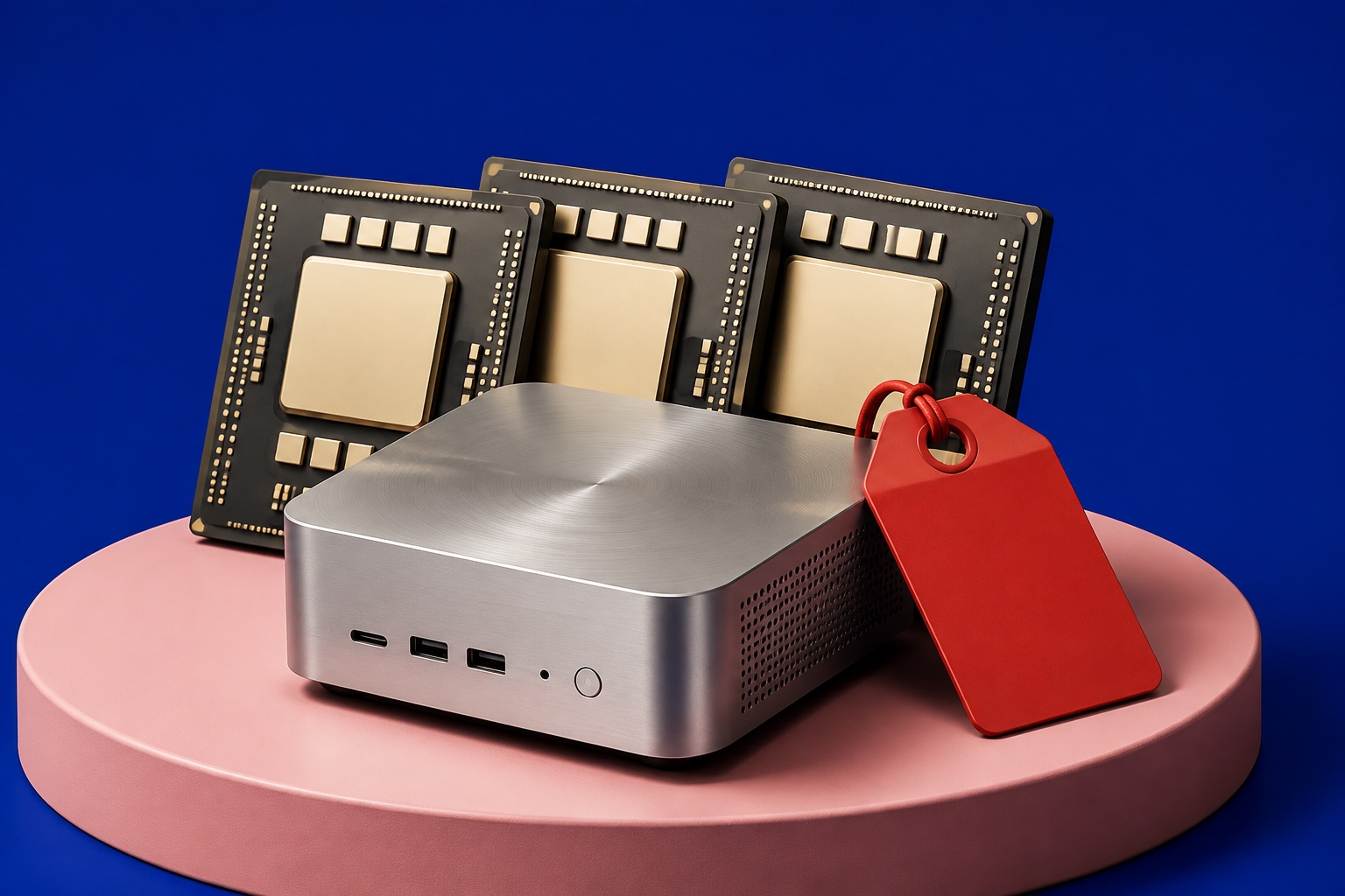 AI-illustratie van een compacte computer, grote computerchips en een rood prijskaartje; geen afbeelding van de aangekondigde modellen.