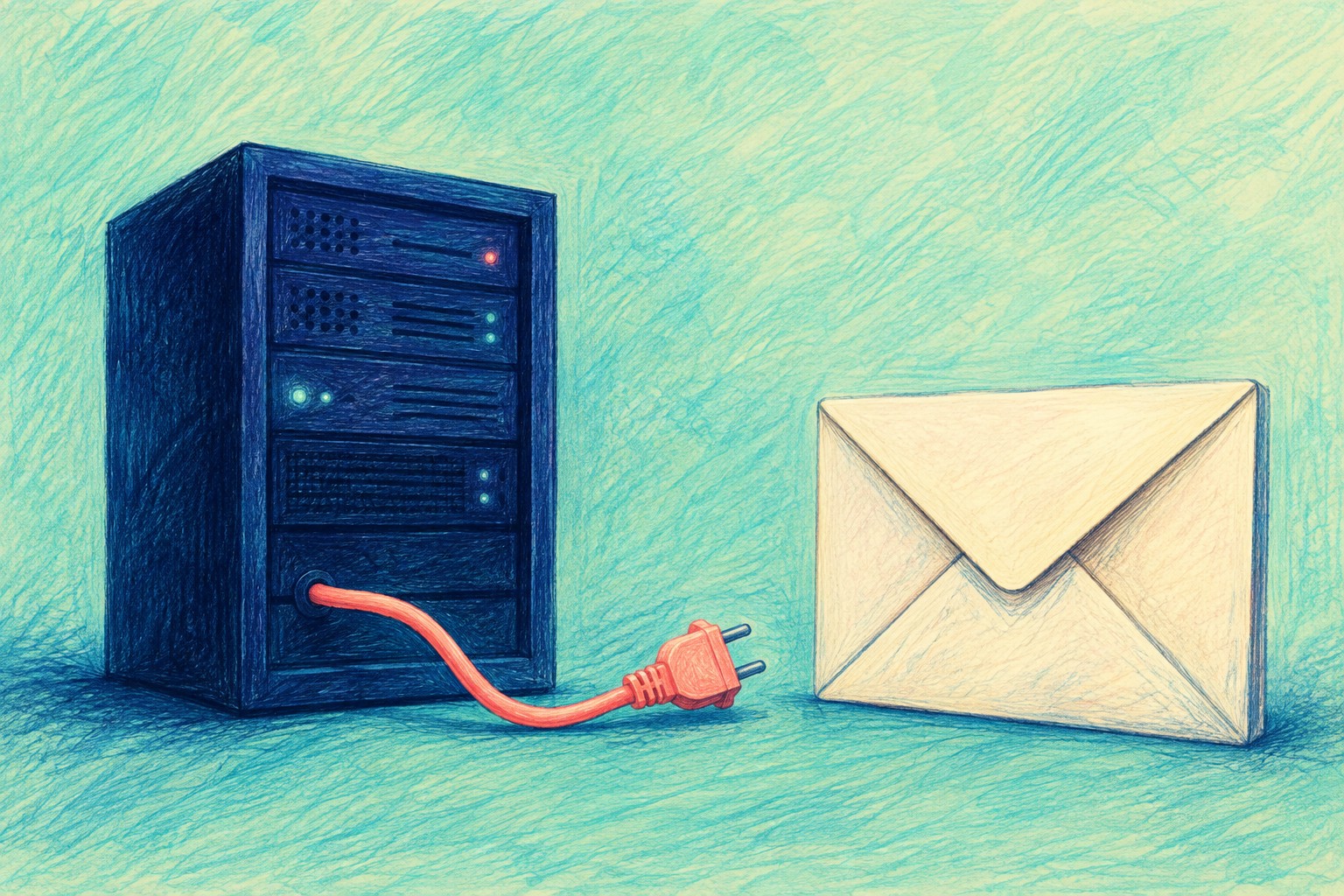 AI-illustratie van een blauwe serverkast, een envelop en een losgekoppelde roze kabel als symbool voor verdwijnende internetdiensten.