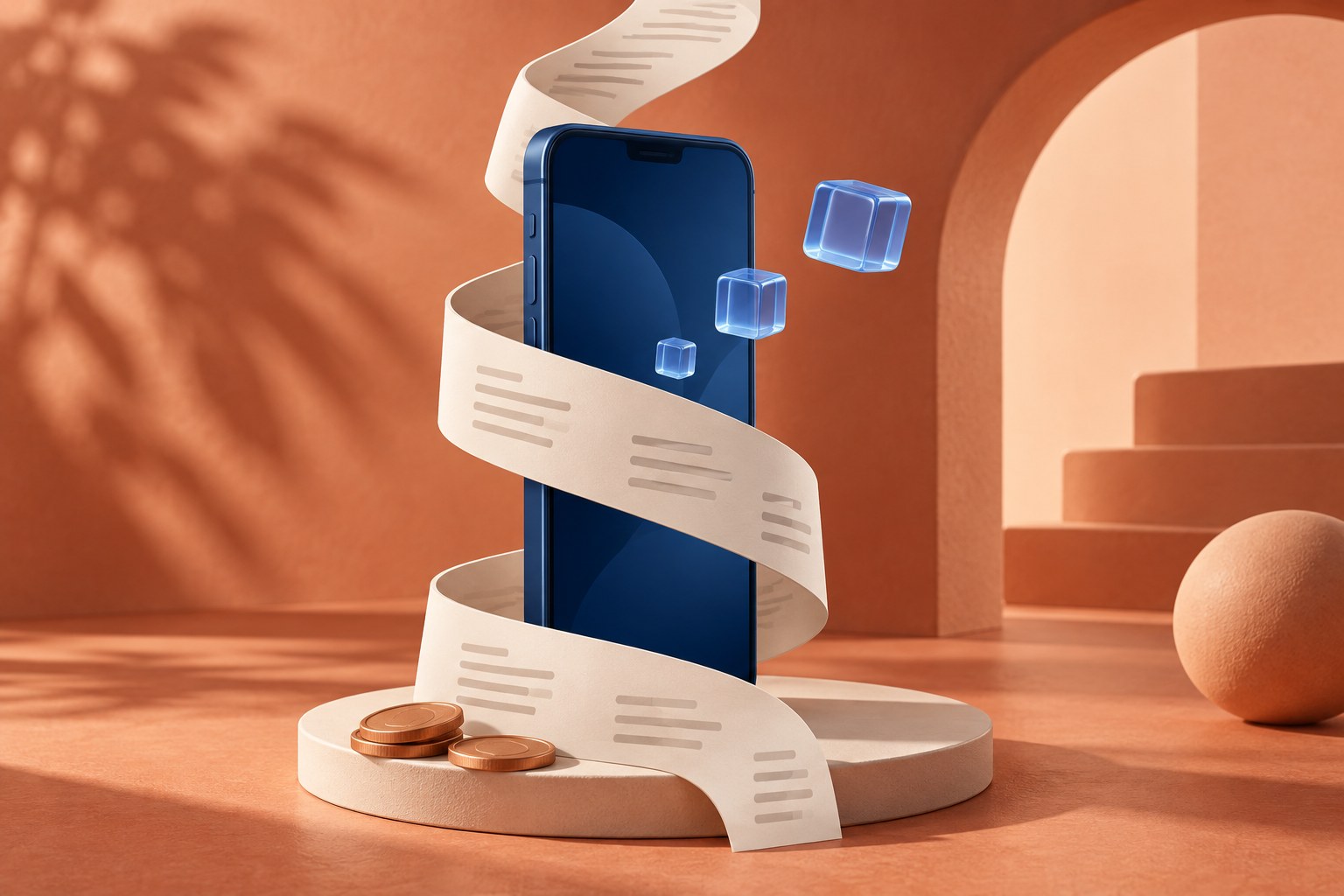 AI-illustratie van een blauwe smartphone met een omhoog krullende rekening, datablokken en muntjes.
