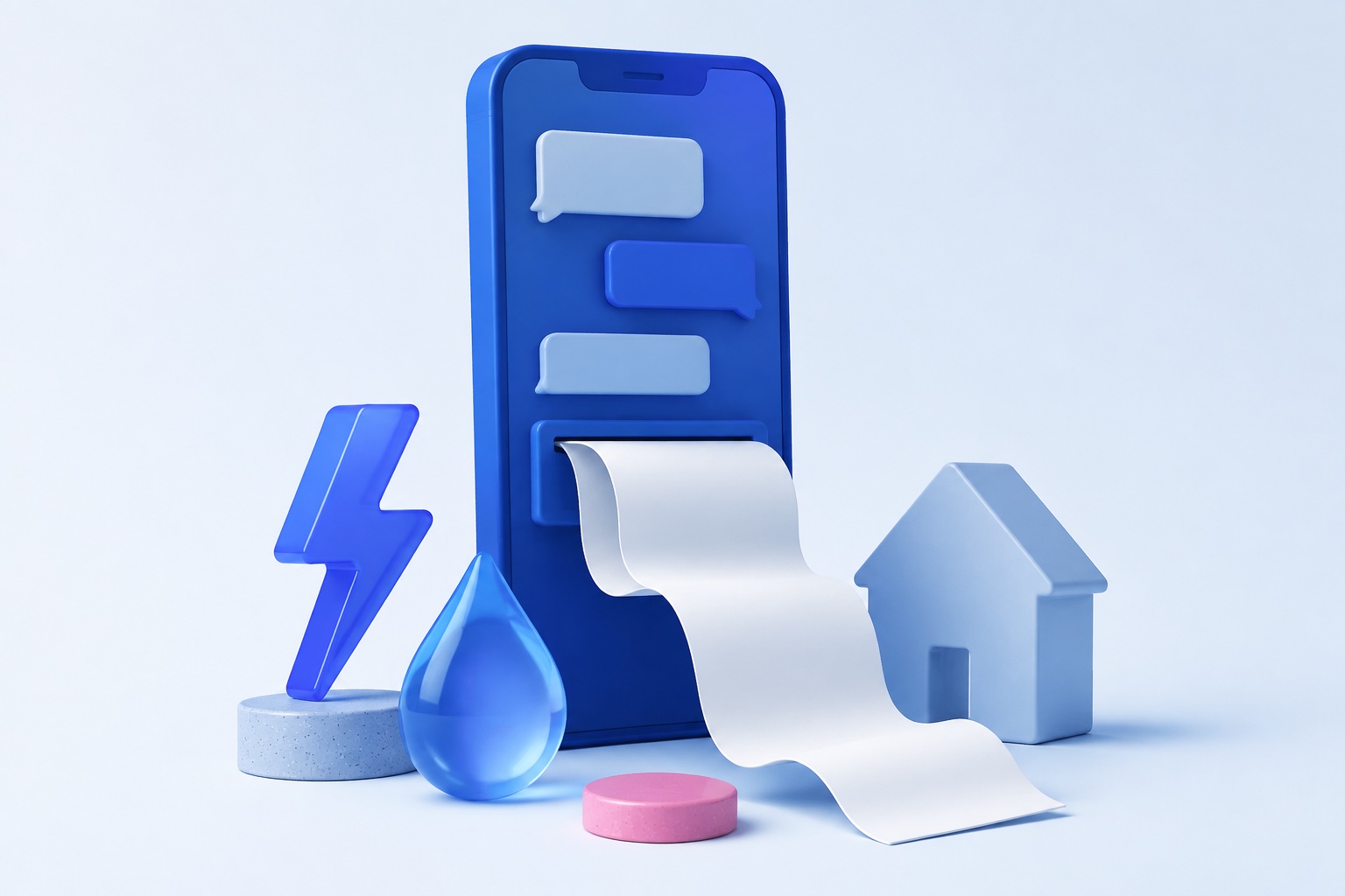 AI-illustratie van een smartphone, een blanco rekening en symbolen voor een huis, water en elektriciteit