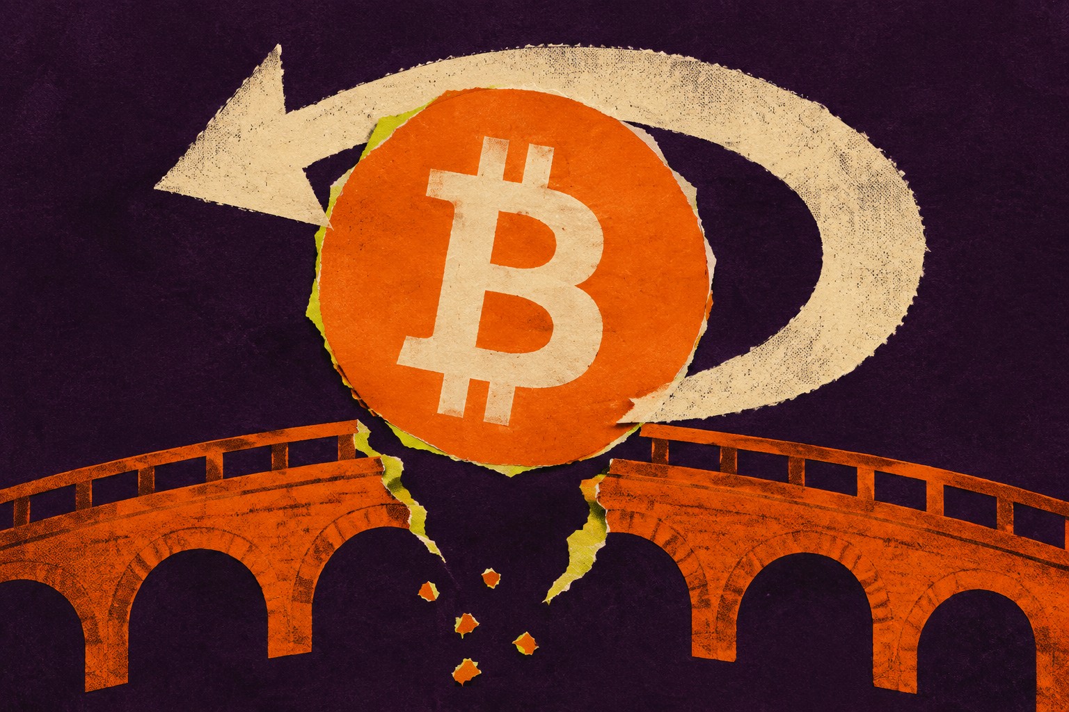 AI-illustratie van een bitcoinmunt, een onderbroken brug en een terugkerende pijl als symbool voor gedeeltelijk teruggestorte bitcoin.