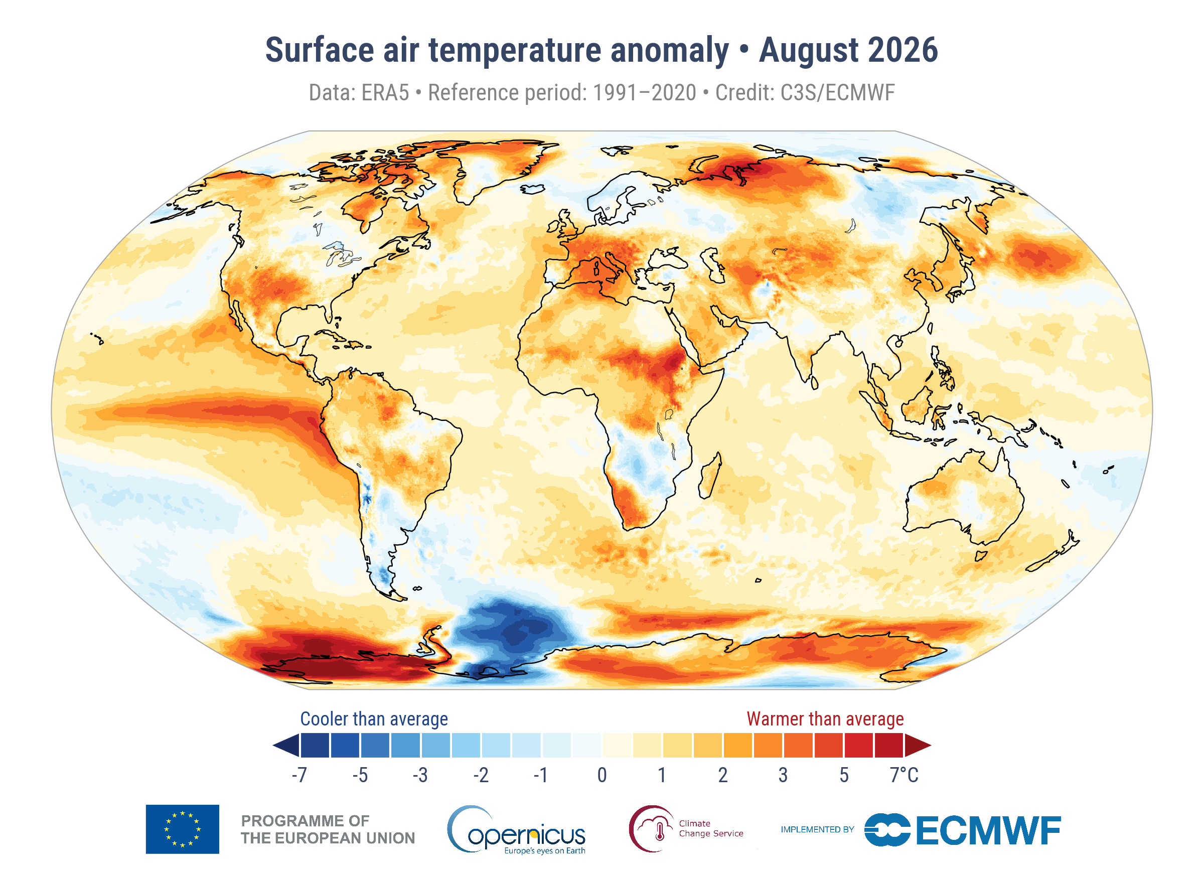 Copernicus-wereldkaart met temperatuurafwijkingen in augustus 2026 tegenover 1991–2020; warme gebieden in rood, koele in blauw.