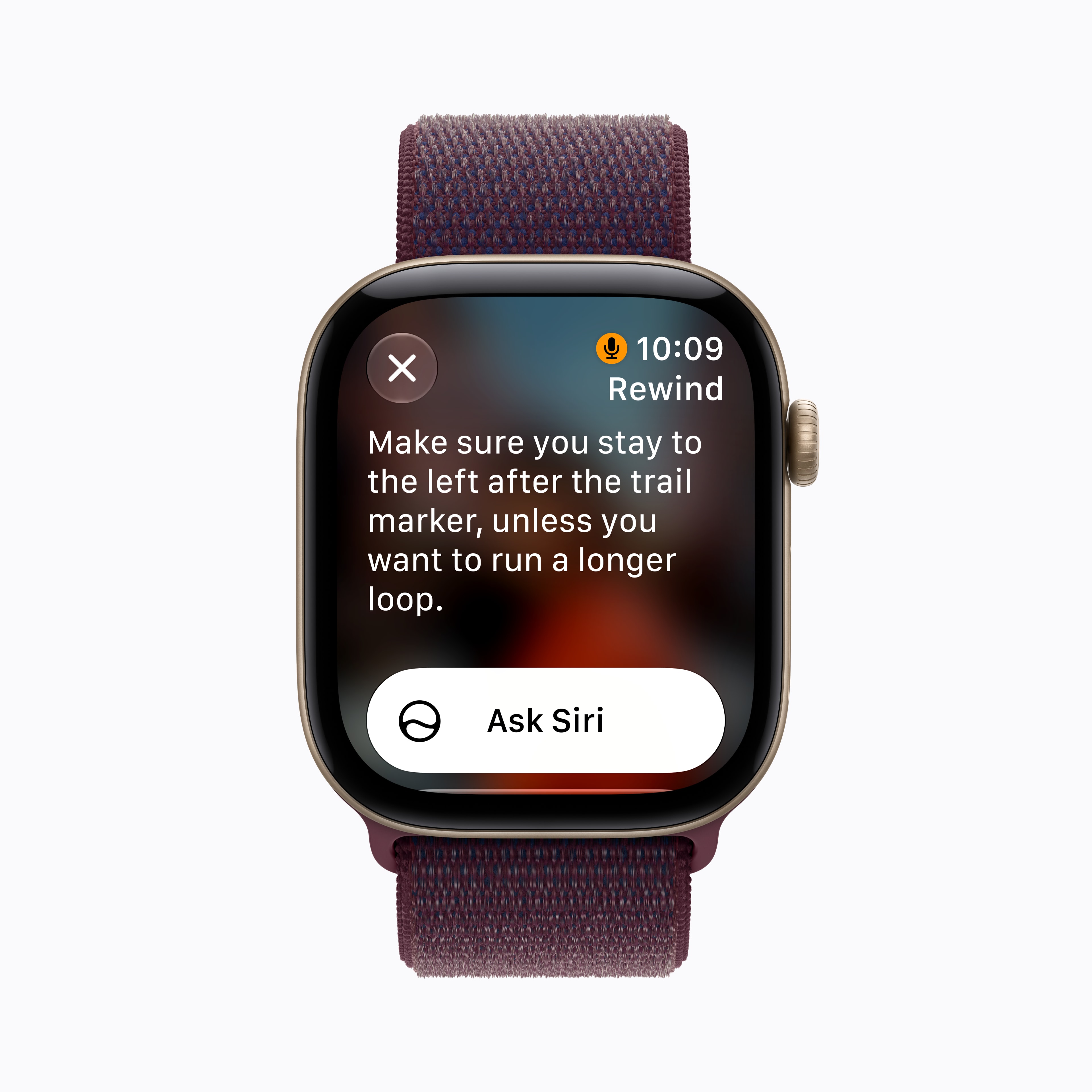 Officieel Apple-productbeeld: een Apple Watch met geweven band toont een Engels tekstfragment in Live Rewind.