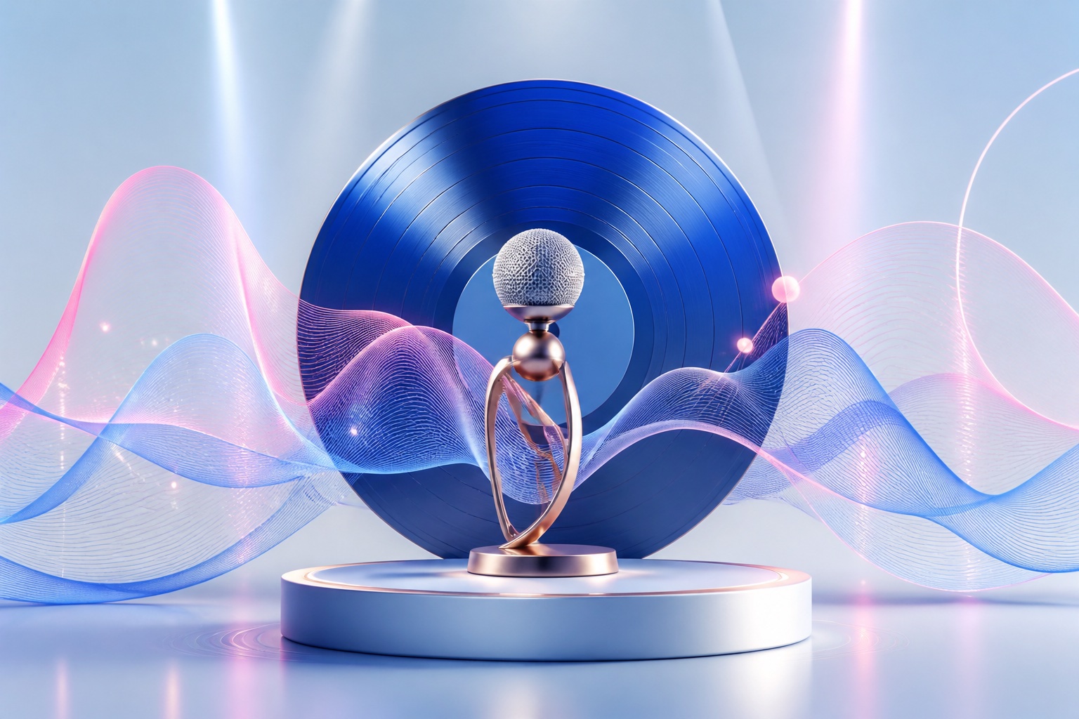 AI-illustratie van een blauwe vinylplaat, een abstracte microfoon en roze en blauwe geluidsgolven