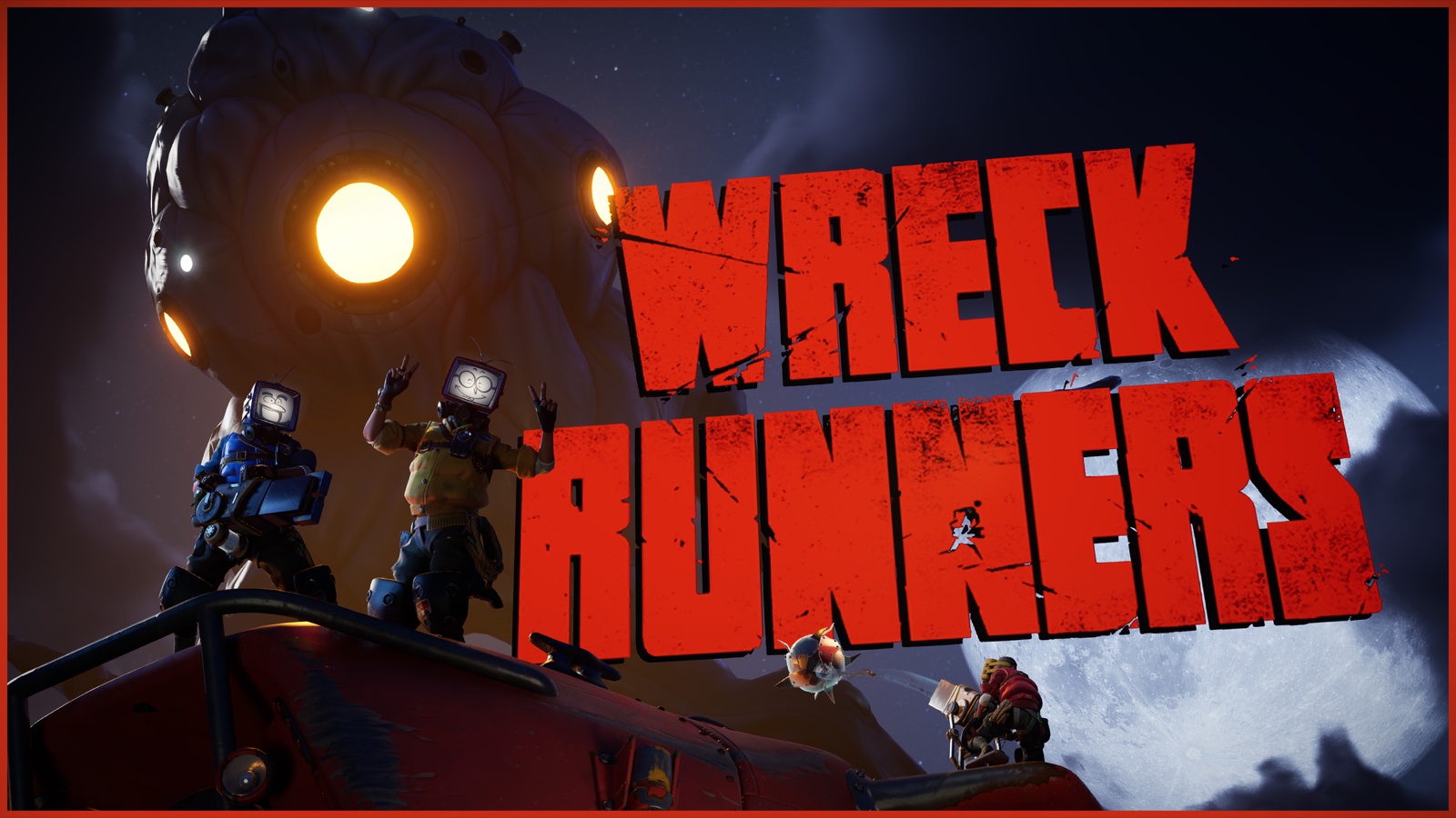 Officiële Wreck Runners-key art met drie personages, hun voertuig en een groot wezen naast de rode speltitel.