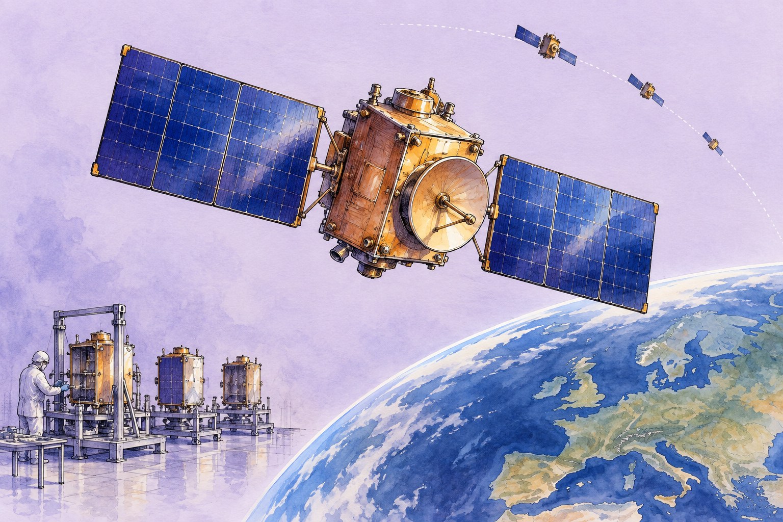 Conceptuele aquarel van een communicatiesatelliet boven de aarde, met kleine satellietonderdelen op een montageframe.