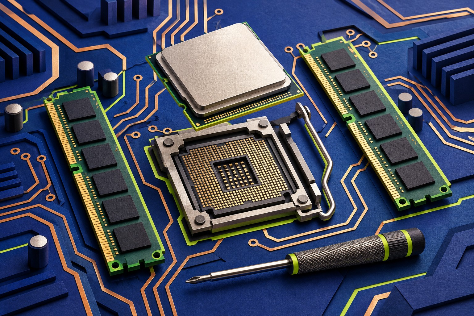 Conceptuele AI-illustratie van een denkbeeldige pc-upgrade met processor, geheugenmodules en moederbord; geen afbeelding van het echte AMD-product.