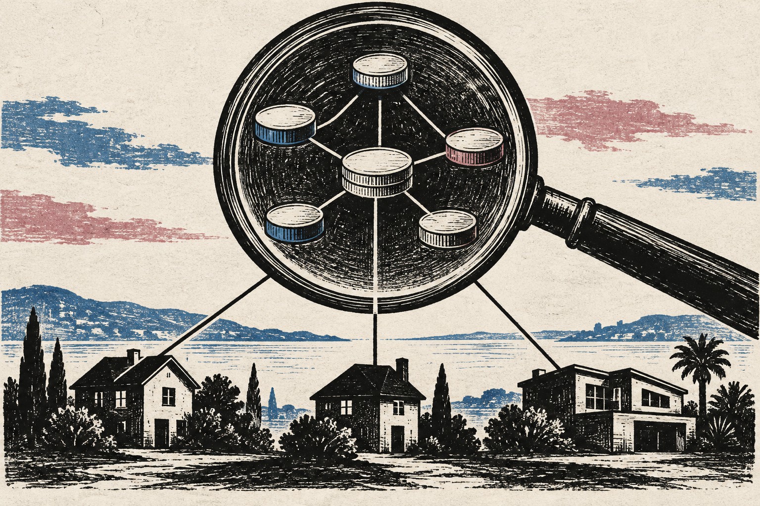 AI-illustratie van een vergrootglas dat geldstromen tussen munten en huizen zichtbaar maakt; geen weergave van de onderzochte zaak.
