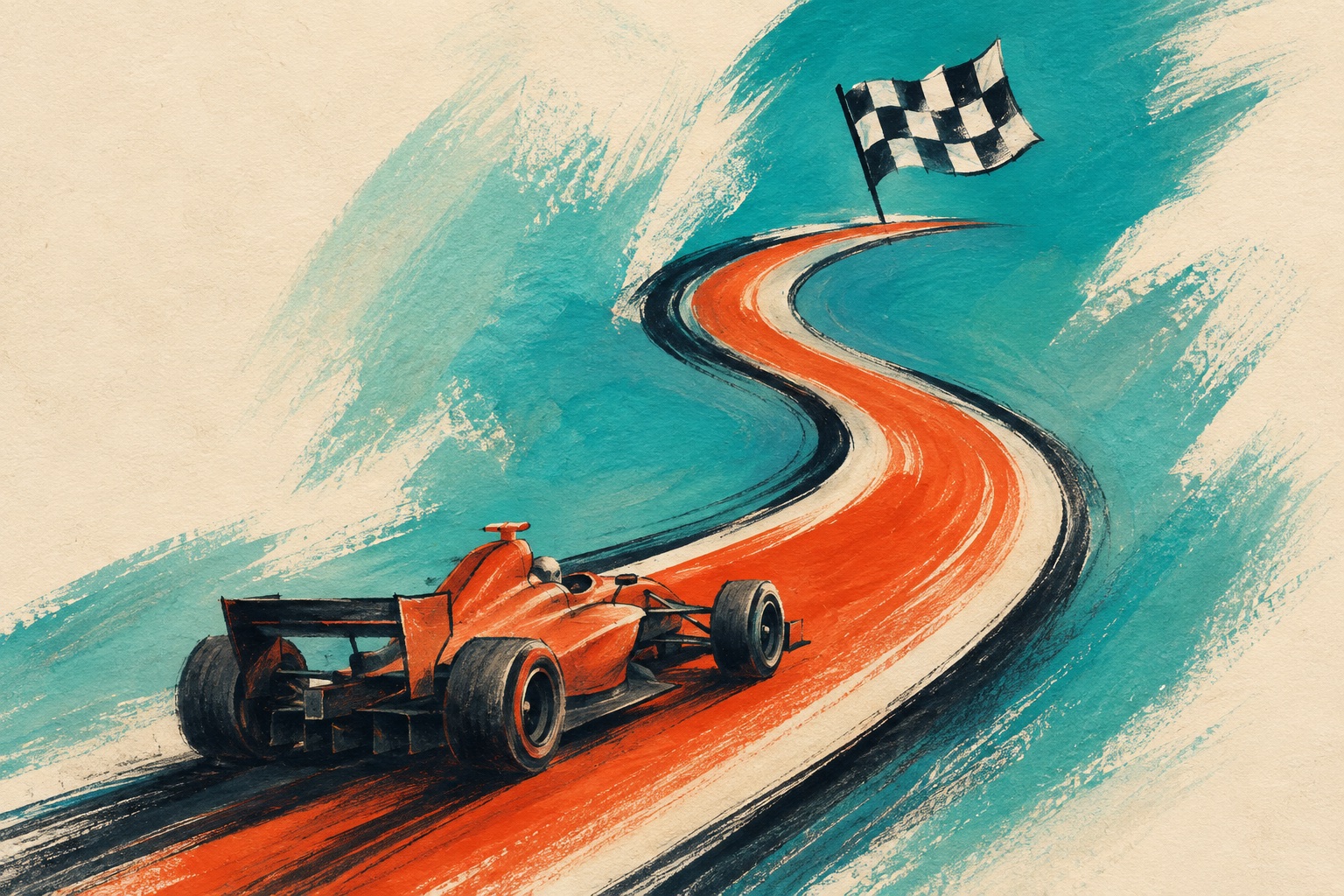 AI-illustratie van een raceauto op een slingerend circuit met een geblokte finishvlag; geen beeld van de echte wedstrijd.