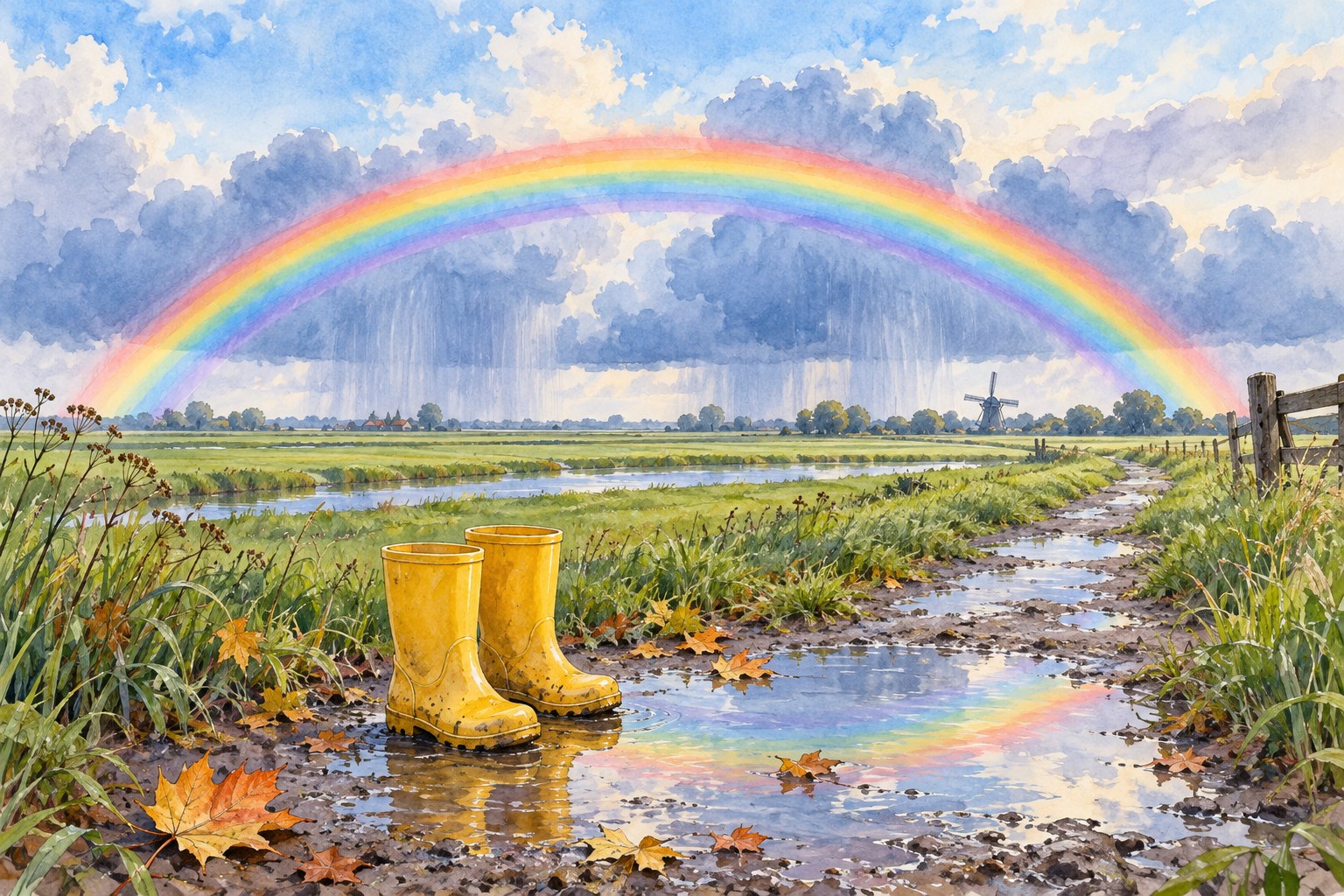 AI-illustratie in aquarelstijl van een regenboog boven weilanden, met gele regenlaarzen naast een plas.