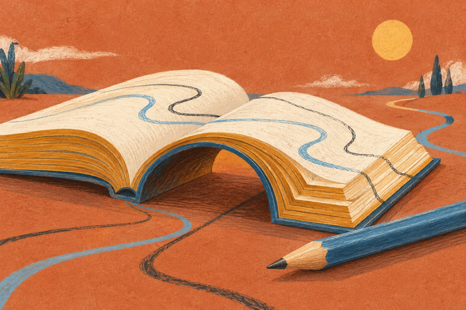 AI-illustratie van een open boek als brug, met een potlood en lijnen over de bladzijden.