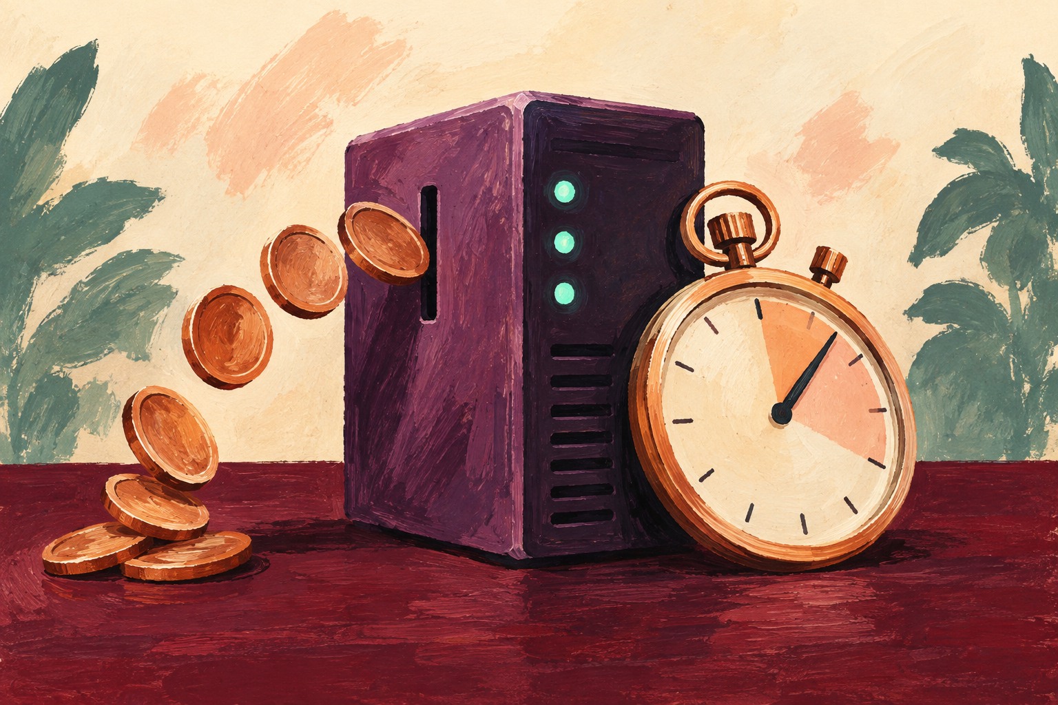 AI-illustratie in gouache van een server, koperen munten en een stopwatch: investeren in AI en tijdwinst op het werk.