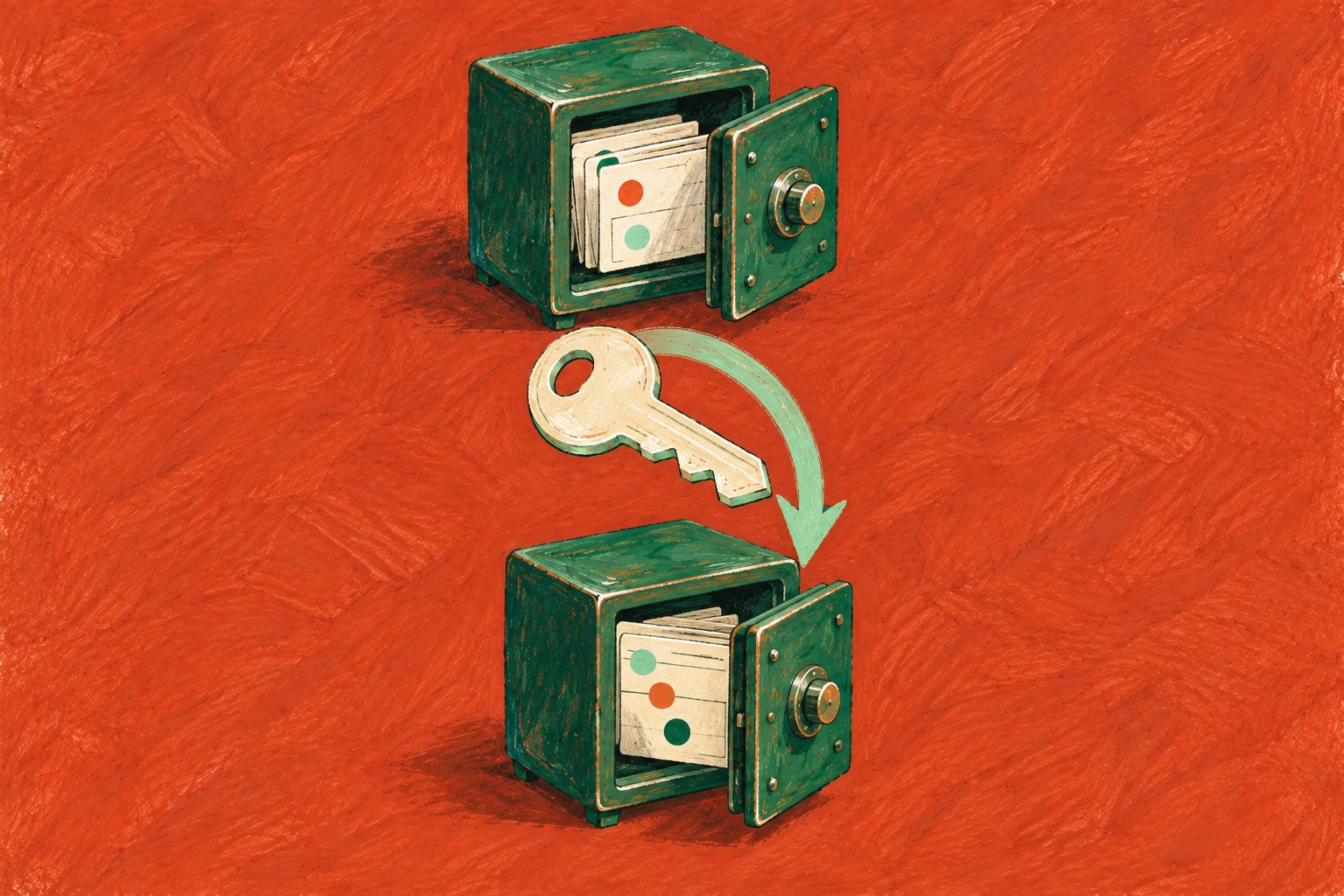 AI-illustratie van twee groene kluisjes met een sleutel ertussen, als beeld voor het overzetten van inloggegevens.