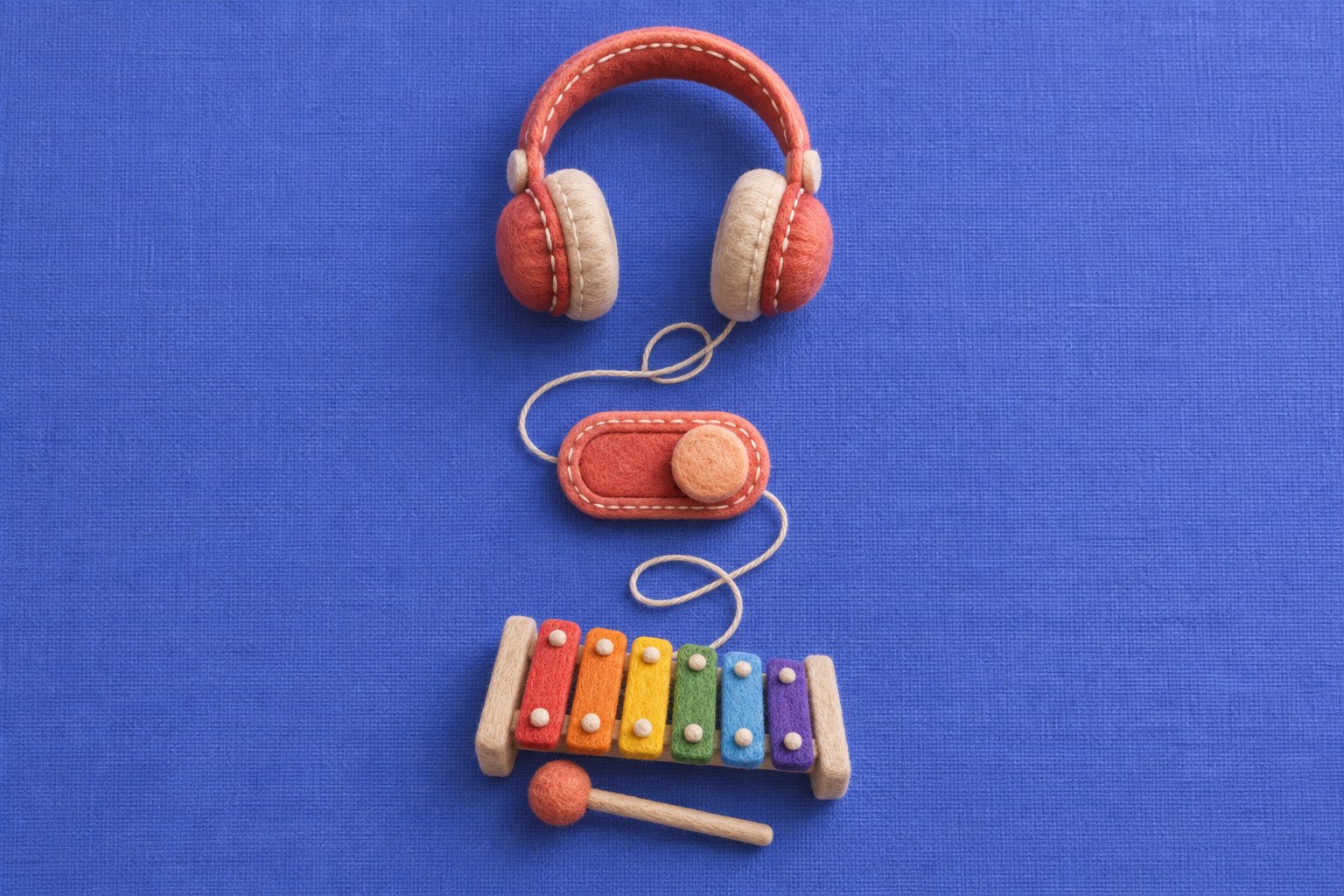AI-illustratie van een koptelefoon, schakelaar en speelgoedxylofoon van gekleurd vilt, als beeld voor gescheiden muziekvoorkeuren.