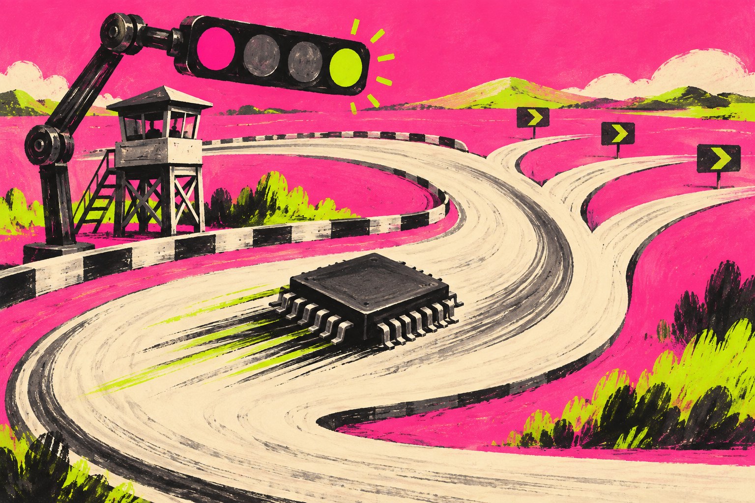 AI-illustratie van een microchip op een vertakkend circuit, met een verkeerslicht en een observatietoren.