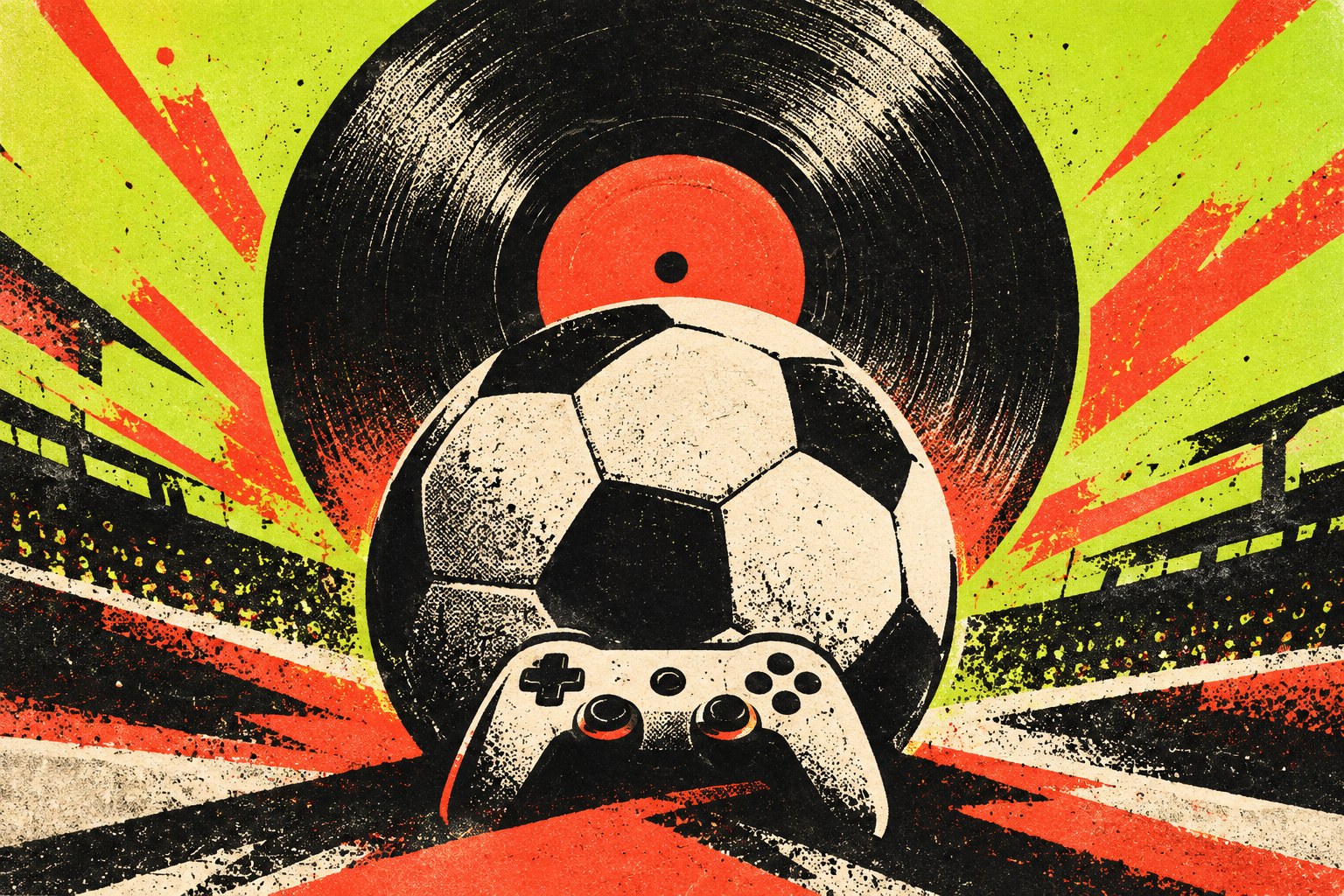 AI-illustratie in zeefdrukstijl van een voetbal, vinylplaat en gamecontroller tegen een felgroene achtergrond.