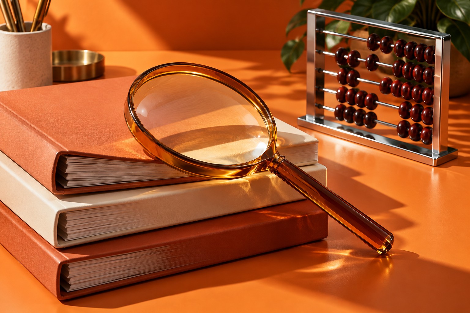 AI-illustratie van gesloten dossiermappen, een amberkleurig vergrootglas en een telraam op een oranje bureau; geen echte cliëntgegevens.